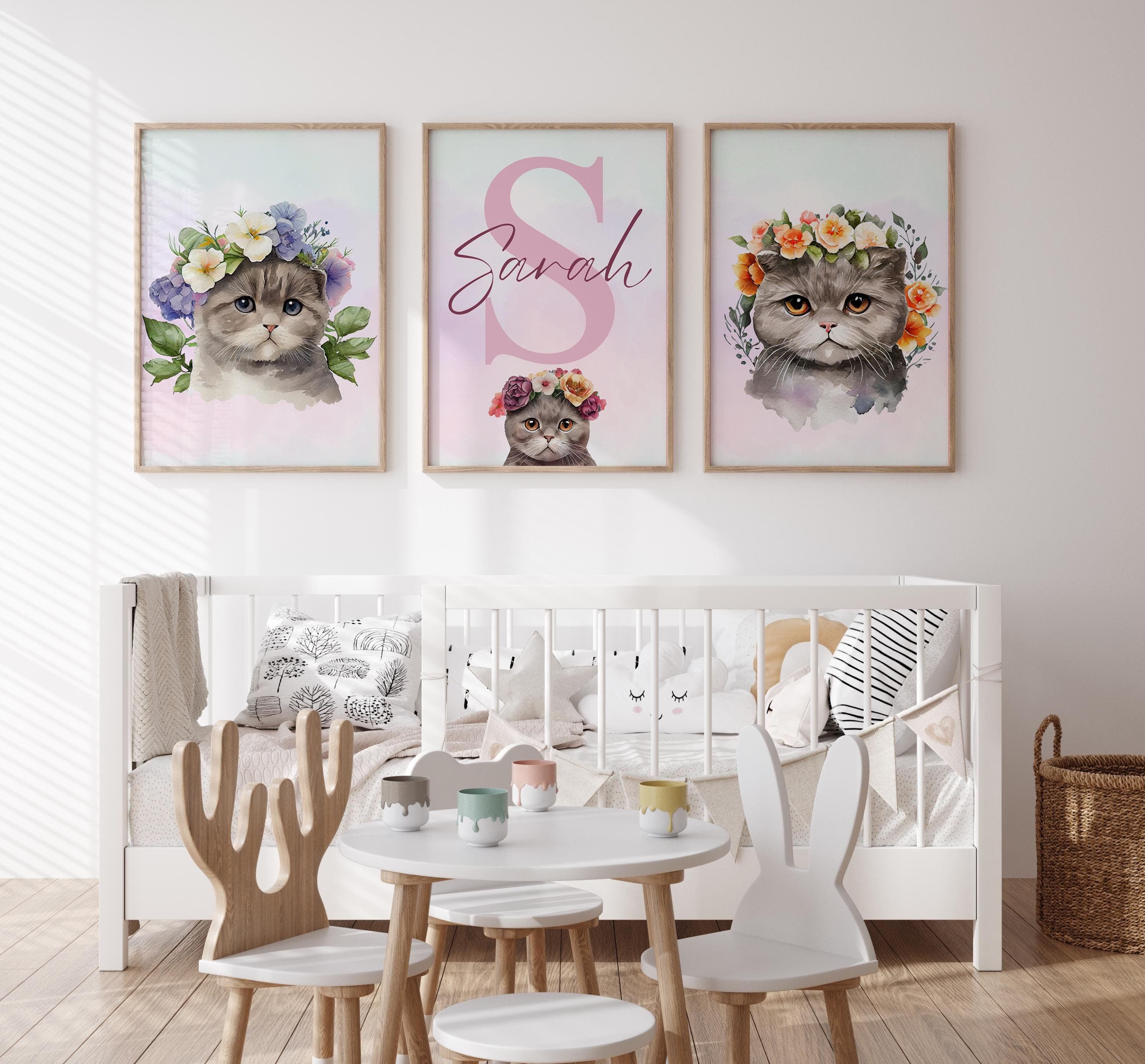 Personalized girls room wall art featuring cats and flowers.