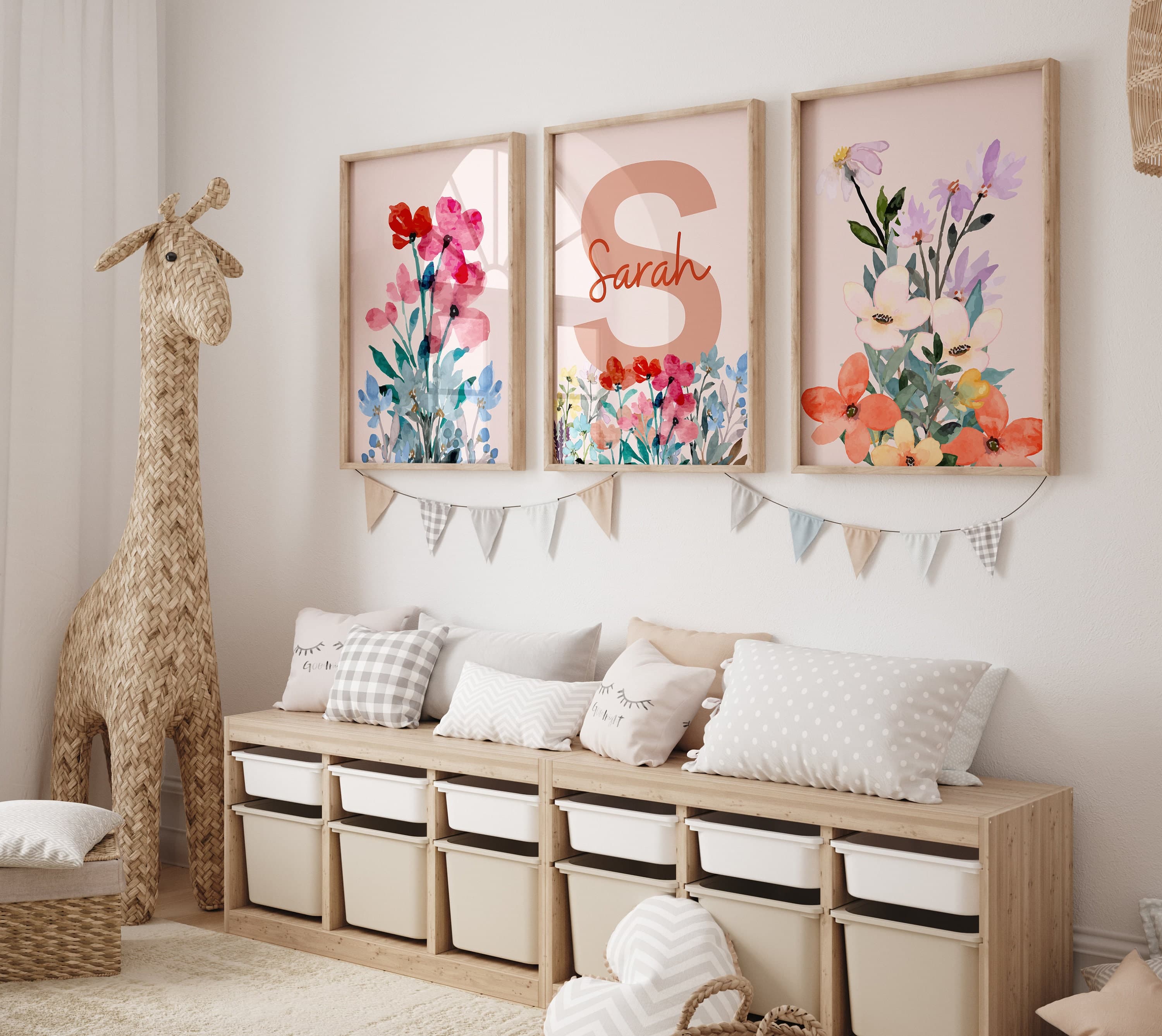 Custom Floral Art Trio for Nursery - Personalized Watercolor Prints, Name Sign, Baby Girl Decor - Watercolor Floral Print Trio for Baby Girl