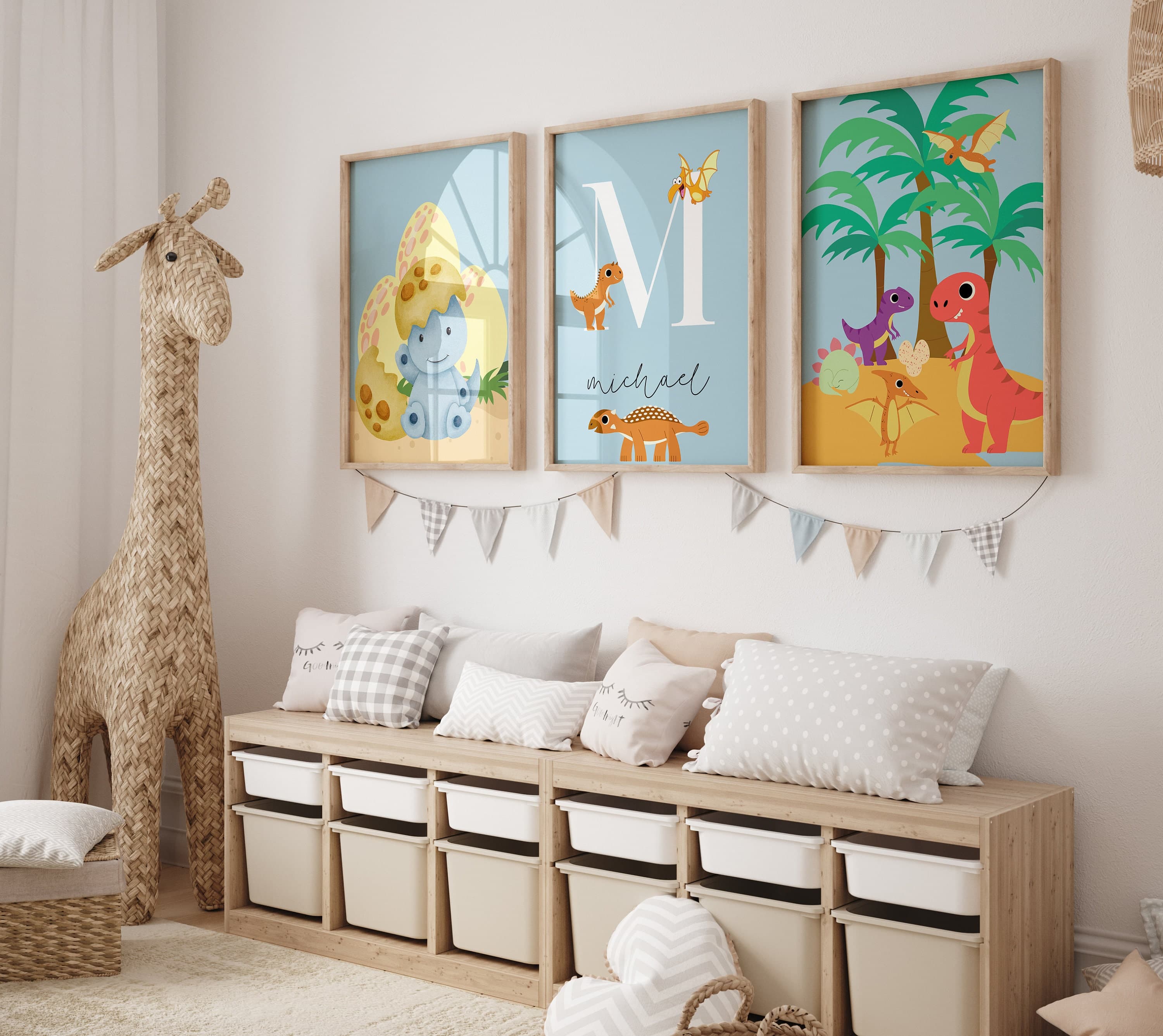 Custom Dino Nursery Decor, Baby Boy Blue Bedroom Art, Personalized Name Sign, Dinosaur Digital Print, Kids Room Wall Art