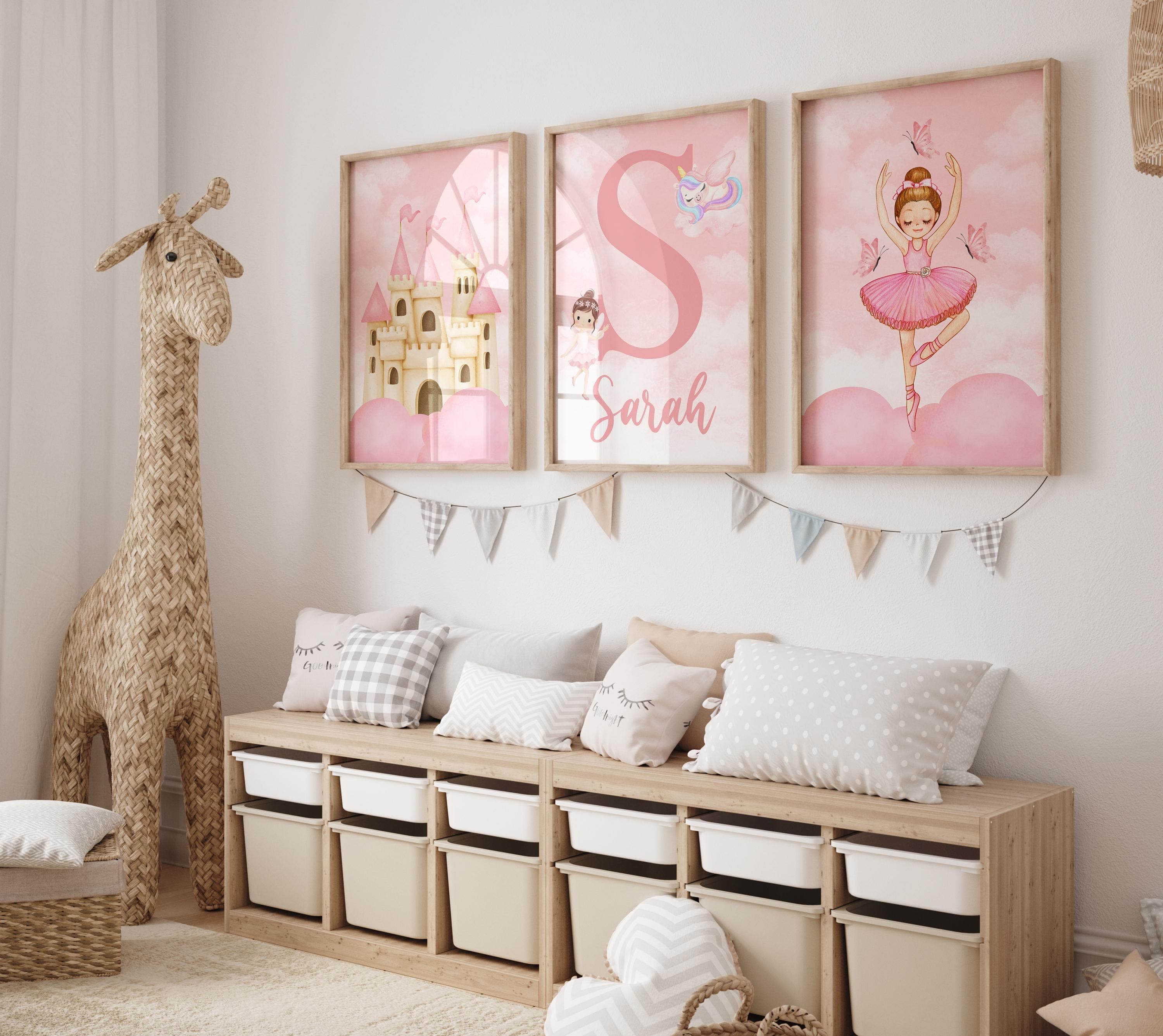 Pink princess-themed wall art set of 3 for girls' bedrooms.