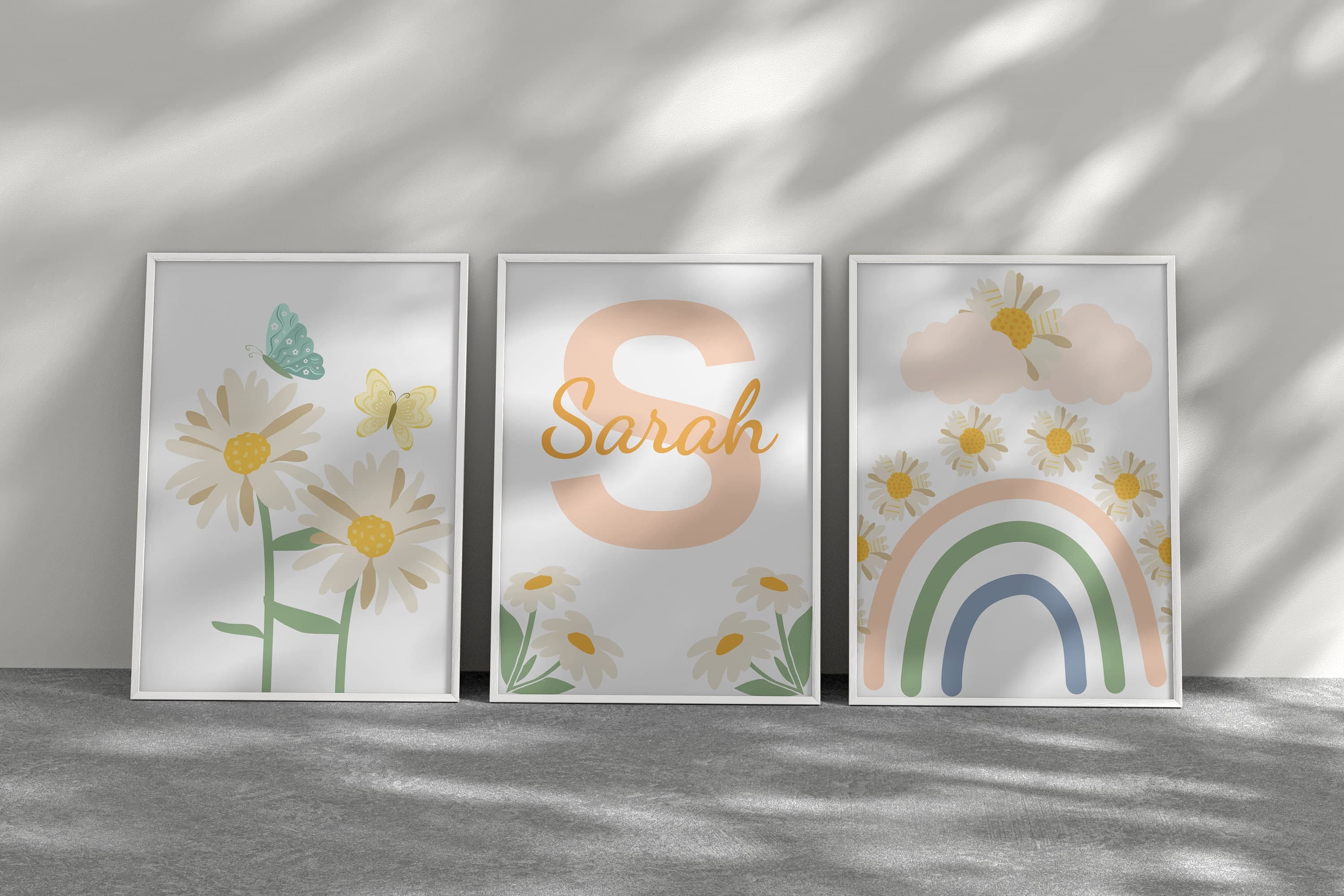 Custom Name Daisy Nursery Wall Art , Set of 3 Daisy Babygirl Room Decor, Rainbow Nursery Decor, Set of 3 Rainbow and Flower Digital Print - image 3