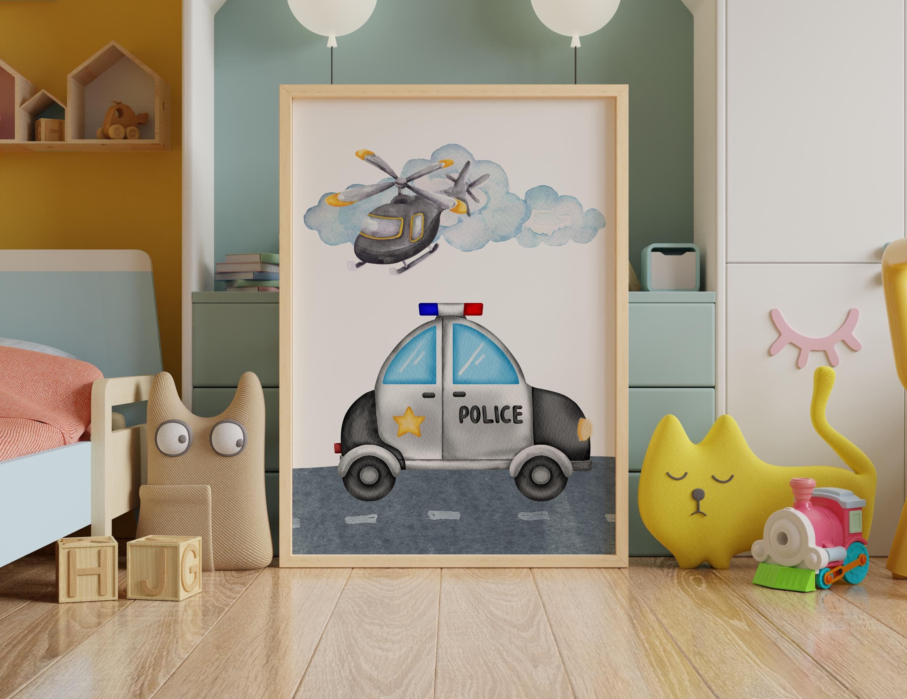 Digital wall art set of 3 featuring fire truck and police car