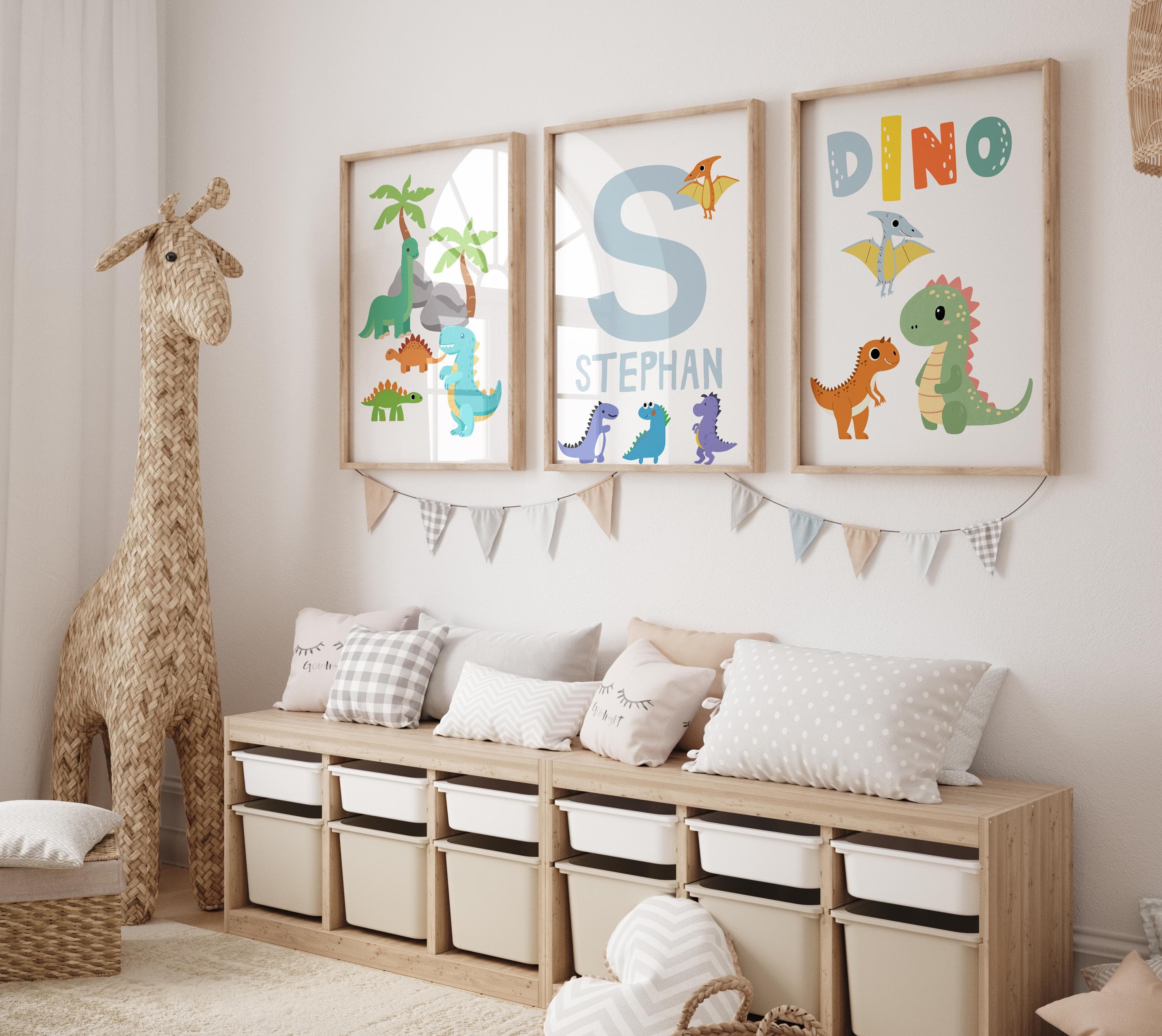 Personalized Dinosaur Wall Art Set for Boys Room - Custom Name 3 Piece Dinosaur Decor - Nursery or Kids Room Dino Theme - Set of 3 Dino Art