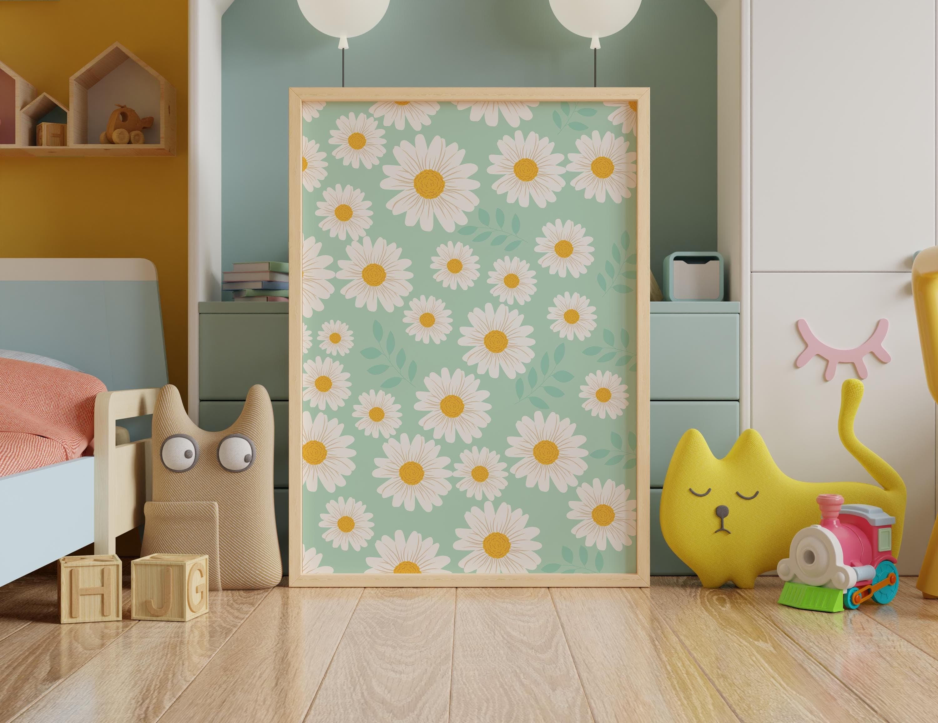 Personalized daisy flower art for nurseries and kids' rooms.