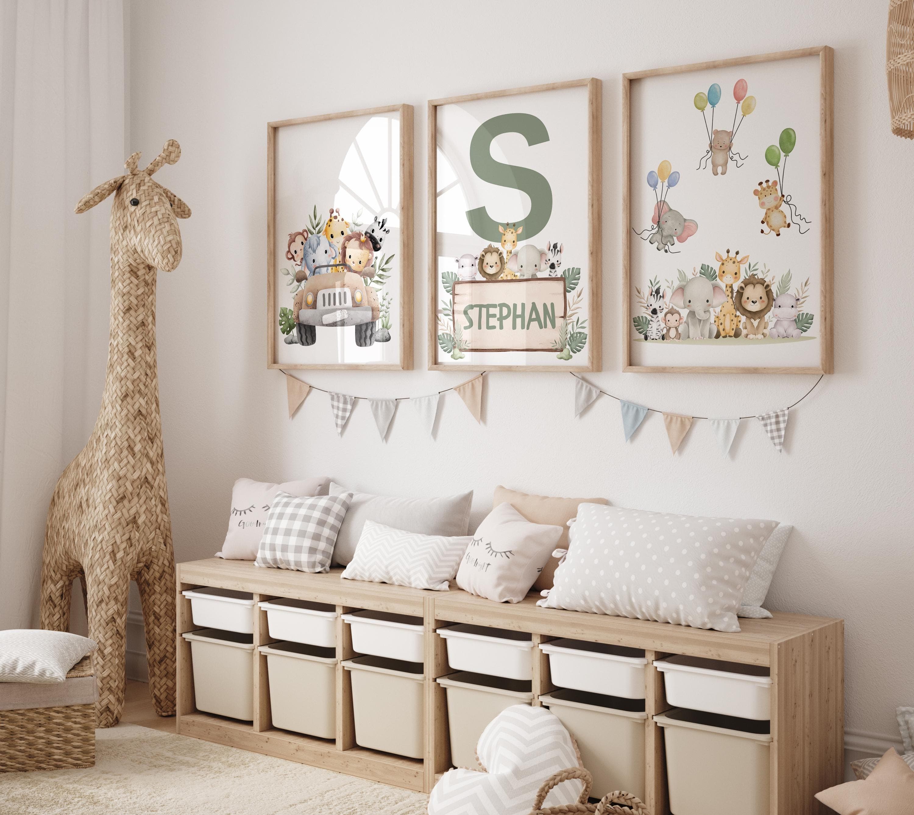 Personalized Safari Animal Wall Art | Custom Name | 3-Piece Kids Room Decor | Jungle Theme Digital Download , Custom Name Safari Animal Art