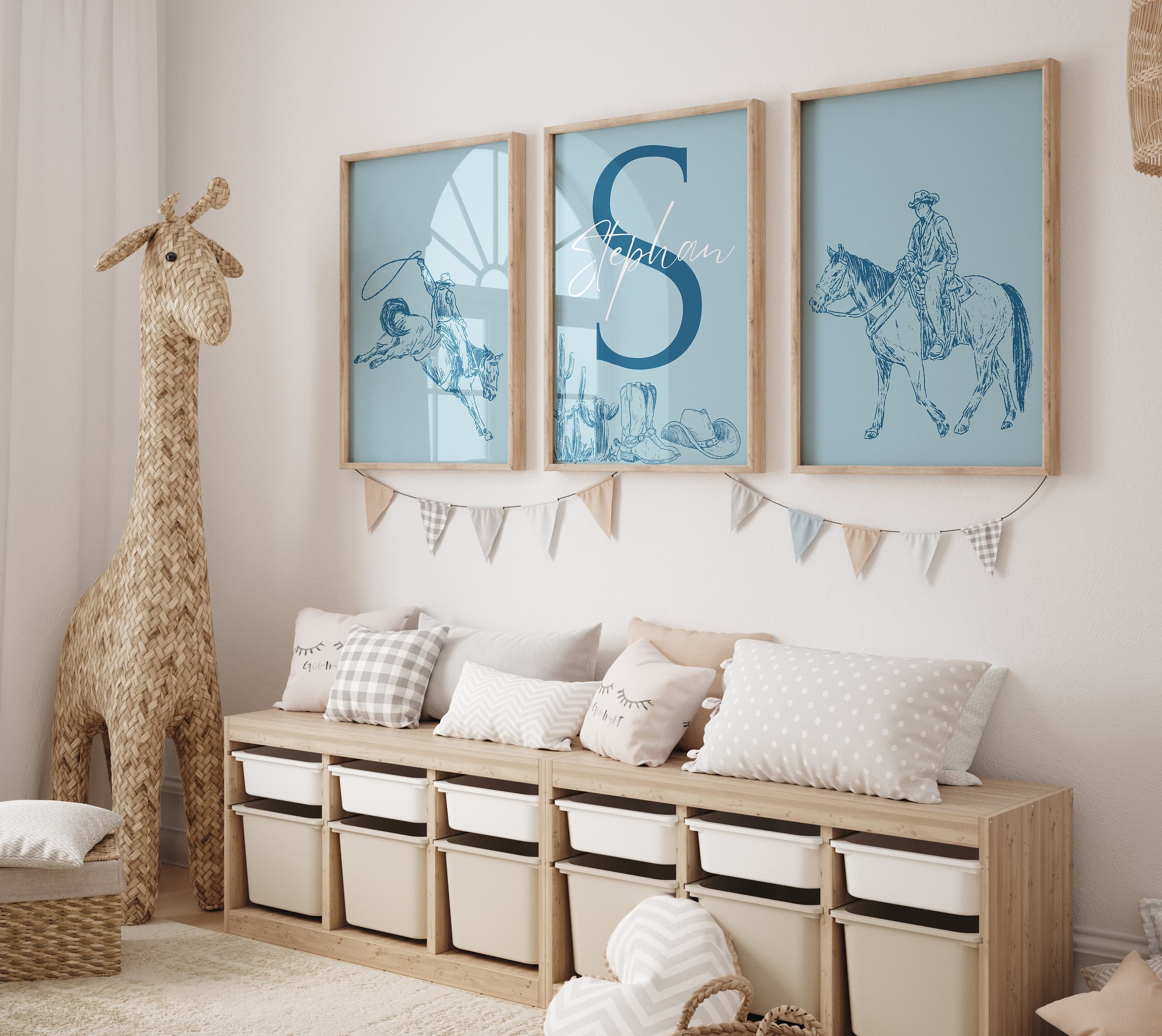 Personalized Cowboy Theme Wall Art Set for Boy's Nursery - Blue Background with Custom Name, Digital Download Printable Decor - Cowboy Art