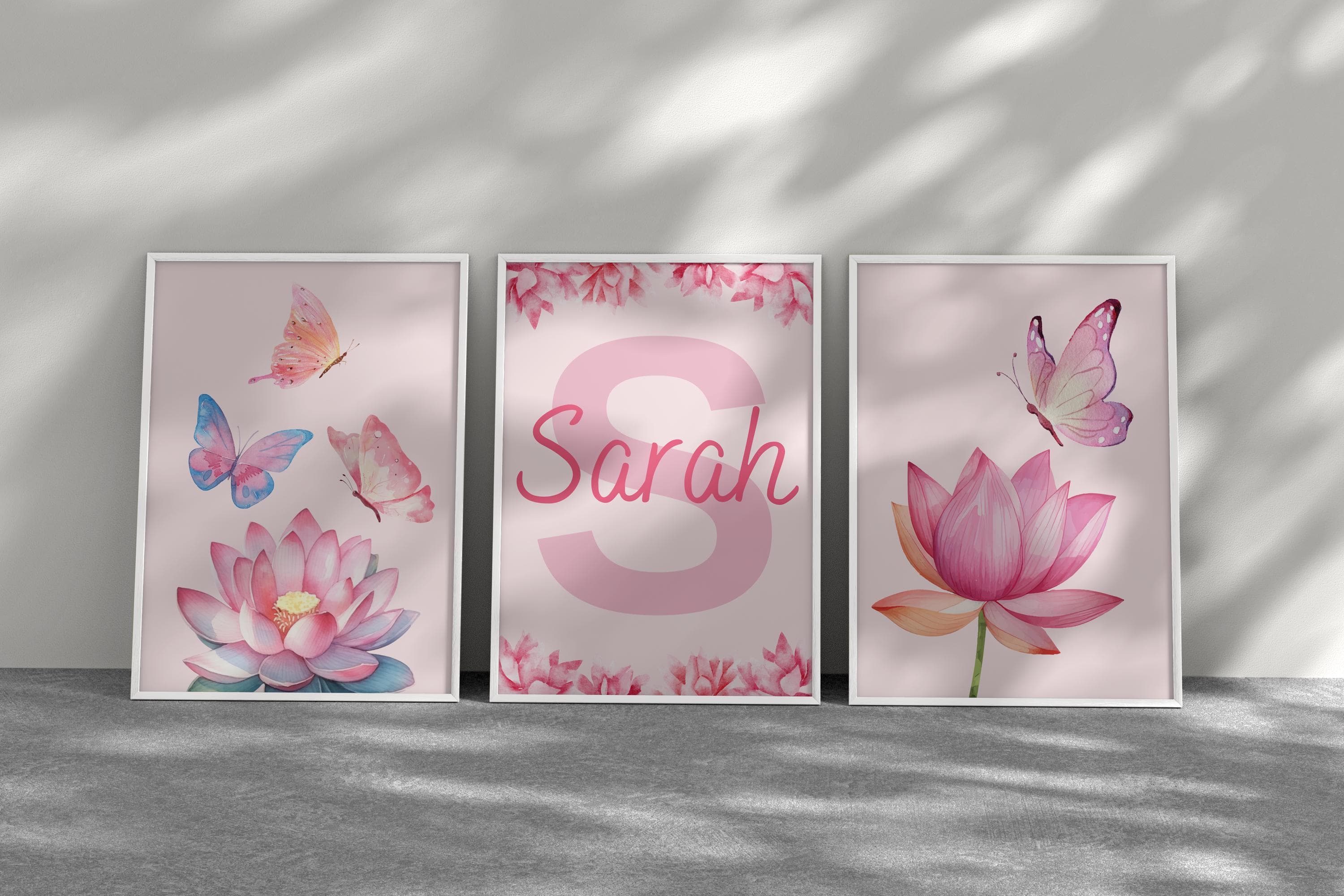 Personalized Pink Lotus Flower & Butterfly Wall Art Set | 3-Piece Digital Download ,Custom Name Nursery Decor | Girls Room Art ,Pink Nursery - image 3