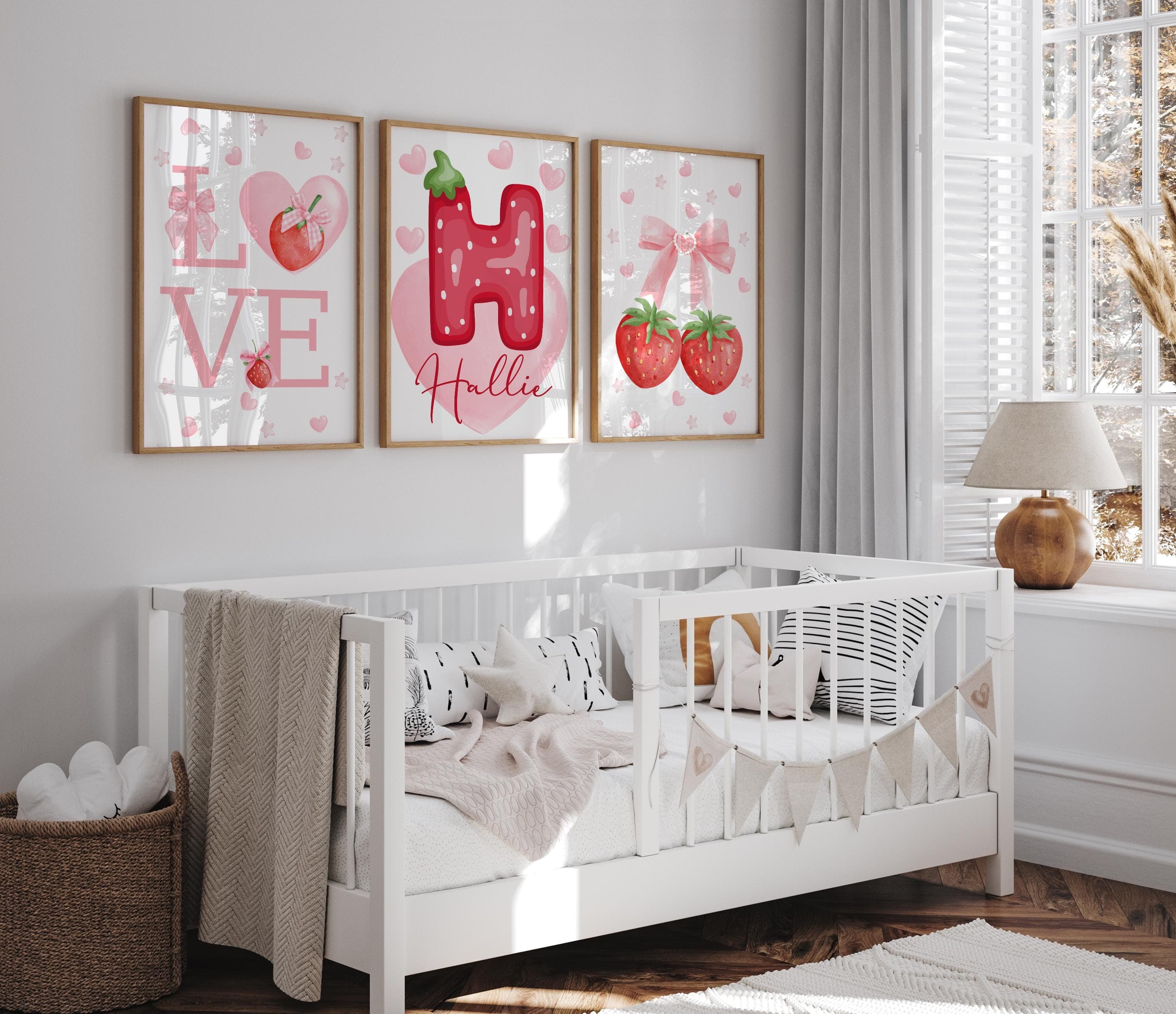 3-piece pink bow and strawberry nursery prints, personalized