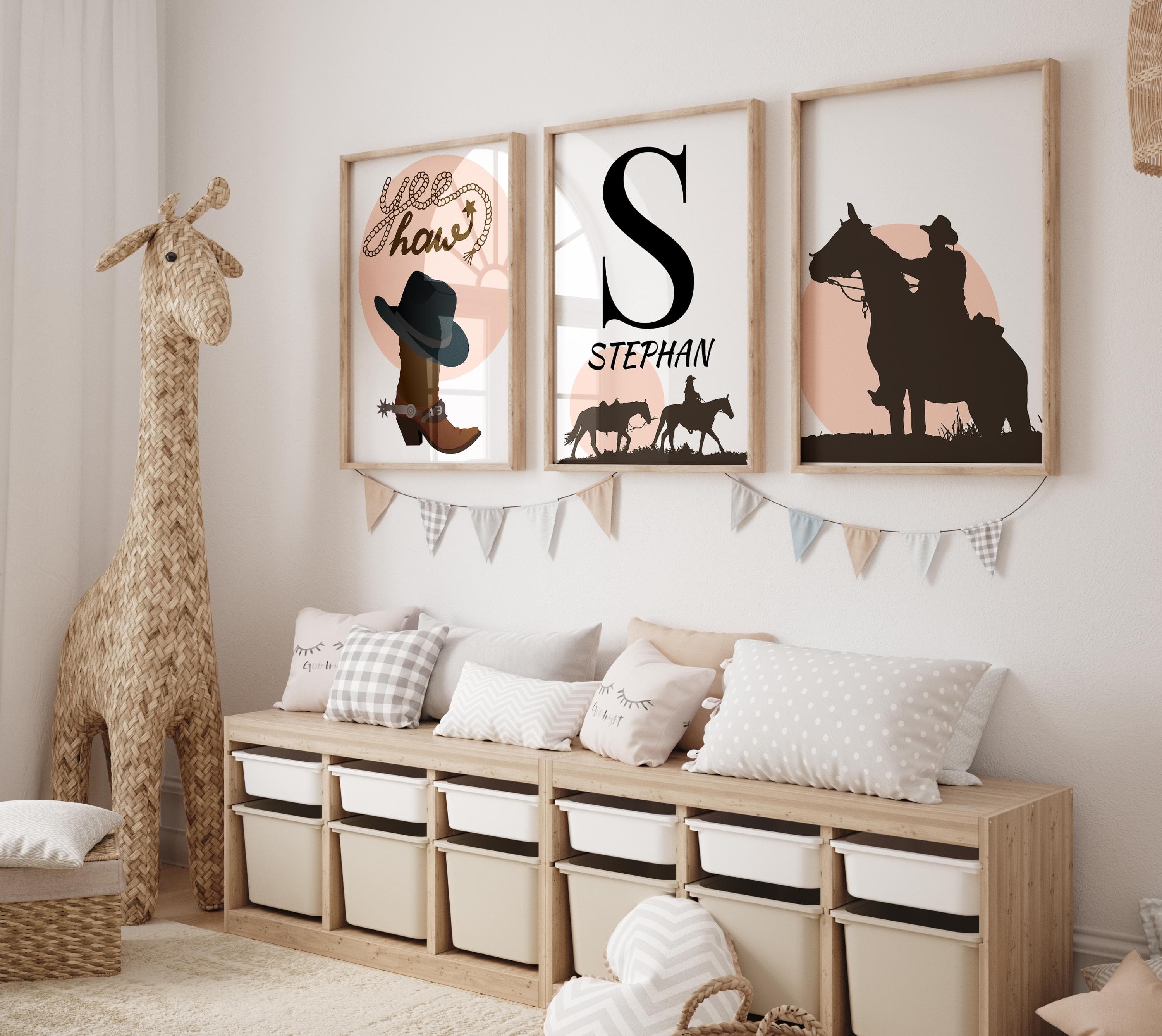 Personalized Cowboy Theme Wall Art for Boys - Custom Name Western Room Decor - Black Nursery Digital - Western Nursery - Cowboy and Horse