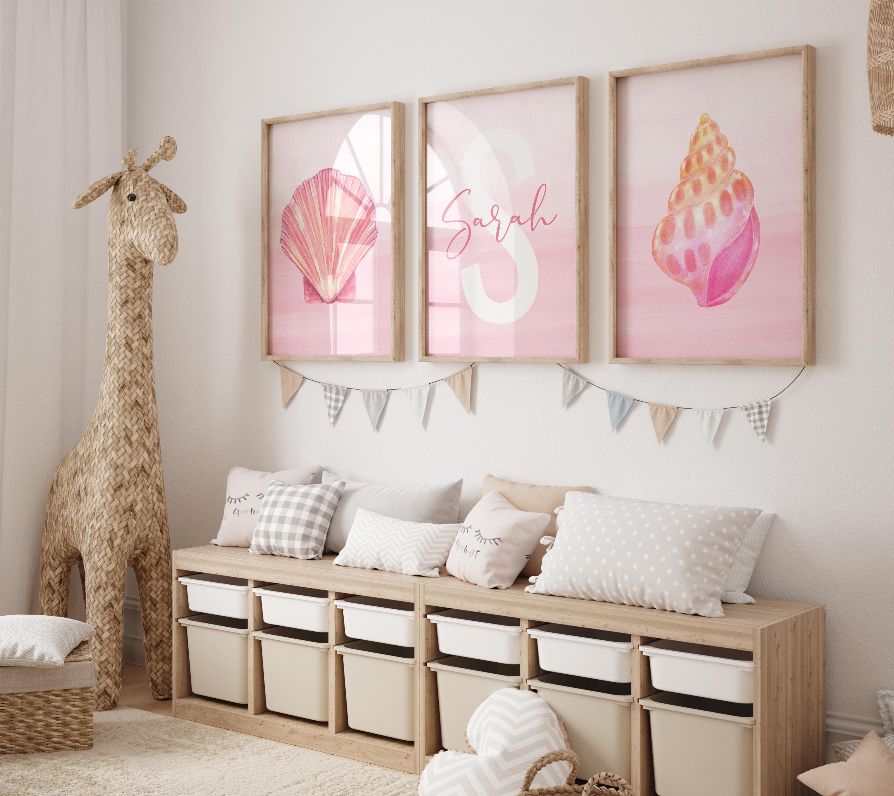 Pink Seashell Wall Art for Girls Room – 3 Piece Custom Name Nursery Prints – Editable Oyster Shell Digital Decor for Baby Girl - Pink Ocean