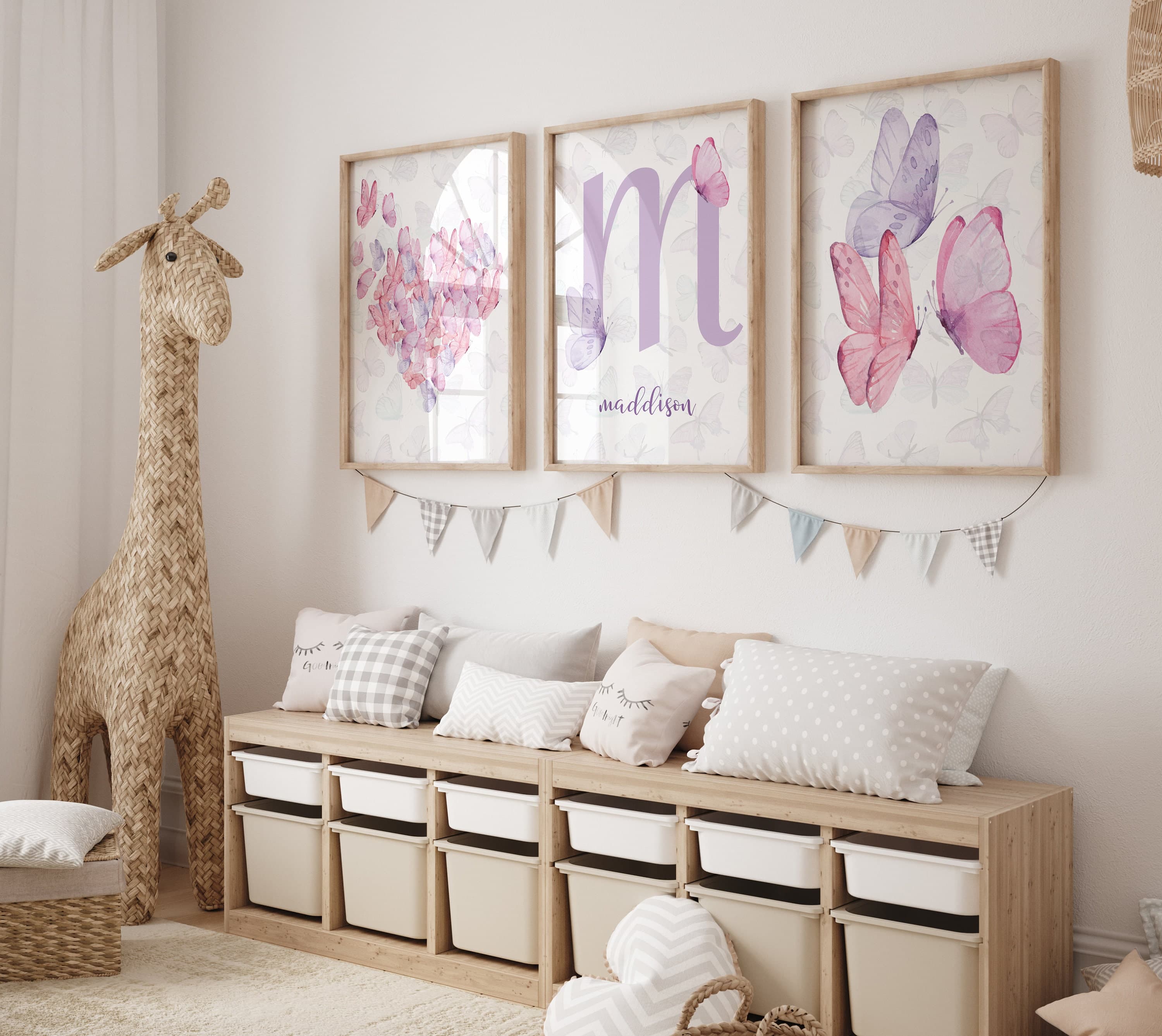 Children's Girl's Room Decoration - Set of 3 Butterfly Posters with Personalized First Name - Personalized Butterfly Triptych - Name Sign