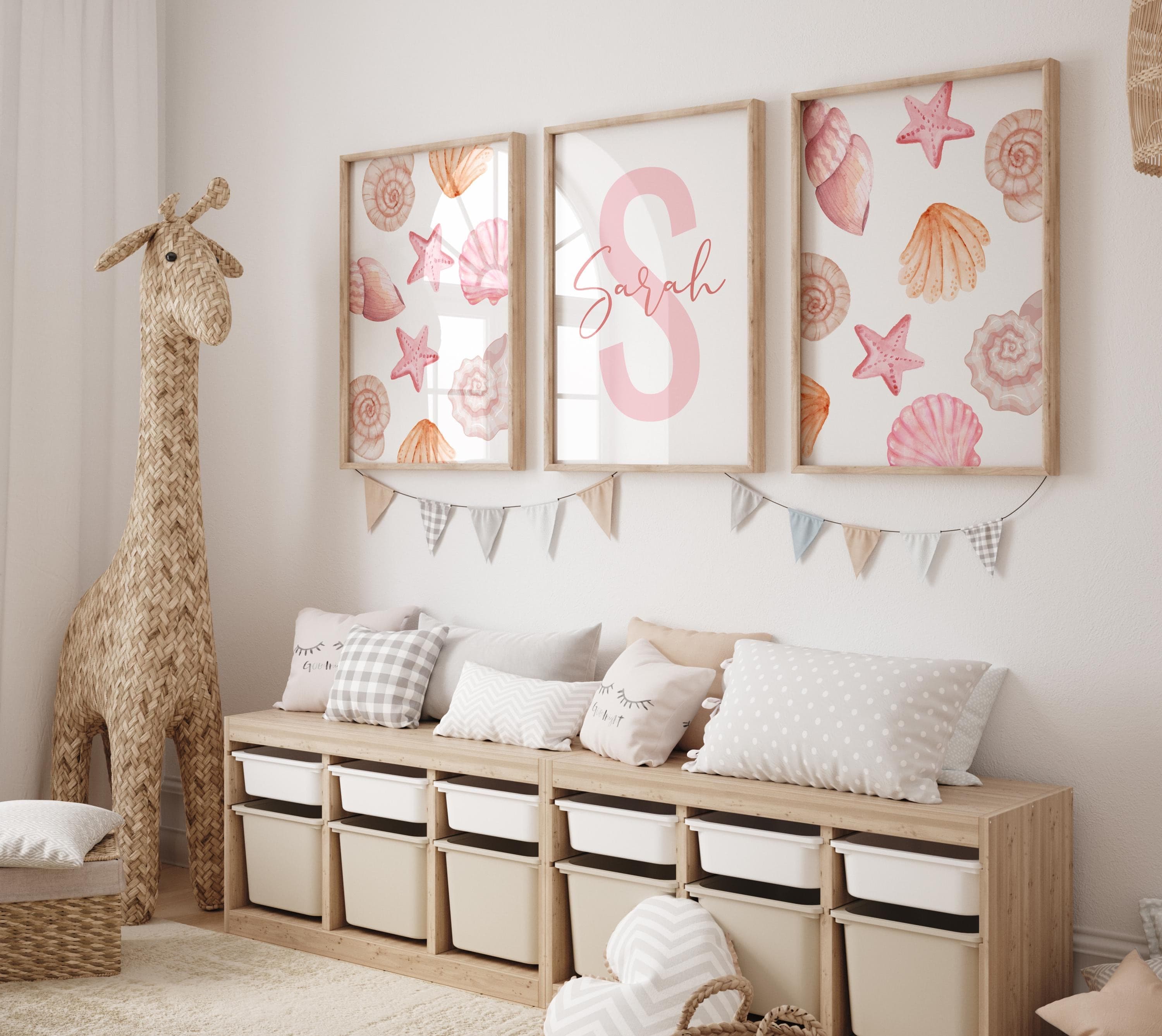 Oyster and Starfish Wall Art for Girls Room – 3 Piece Custom Name Nursery Prints – Editable Seashell Ocean Decor for Baby Girl, Pink Nursery