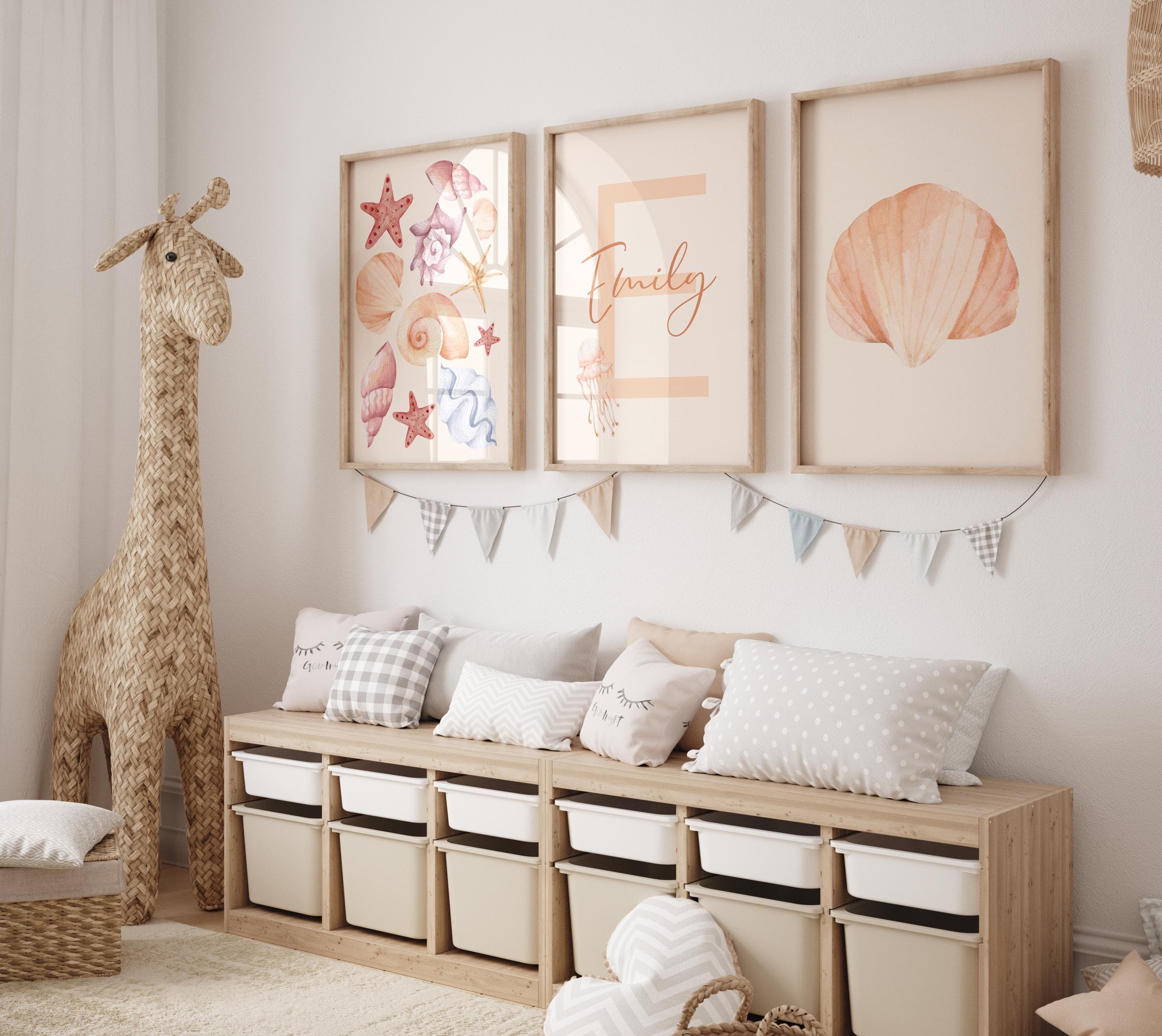 Personalized Seashell Nursery Wall Art for Girls – 3 Piece Custom Name Ocean Shell Prints – Editable Pastel Beach Theme Kids Room Decor
