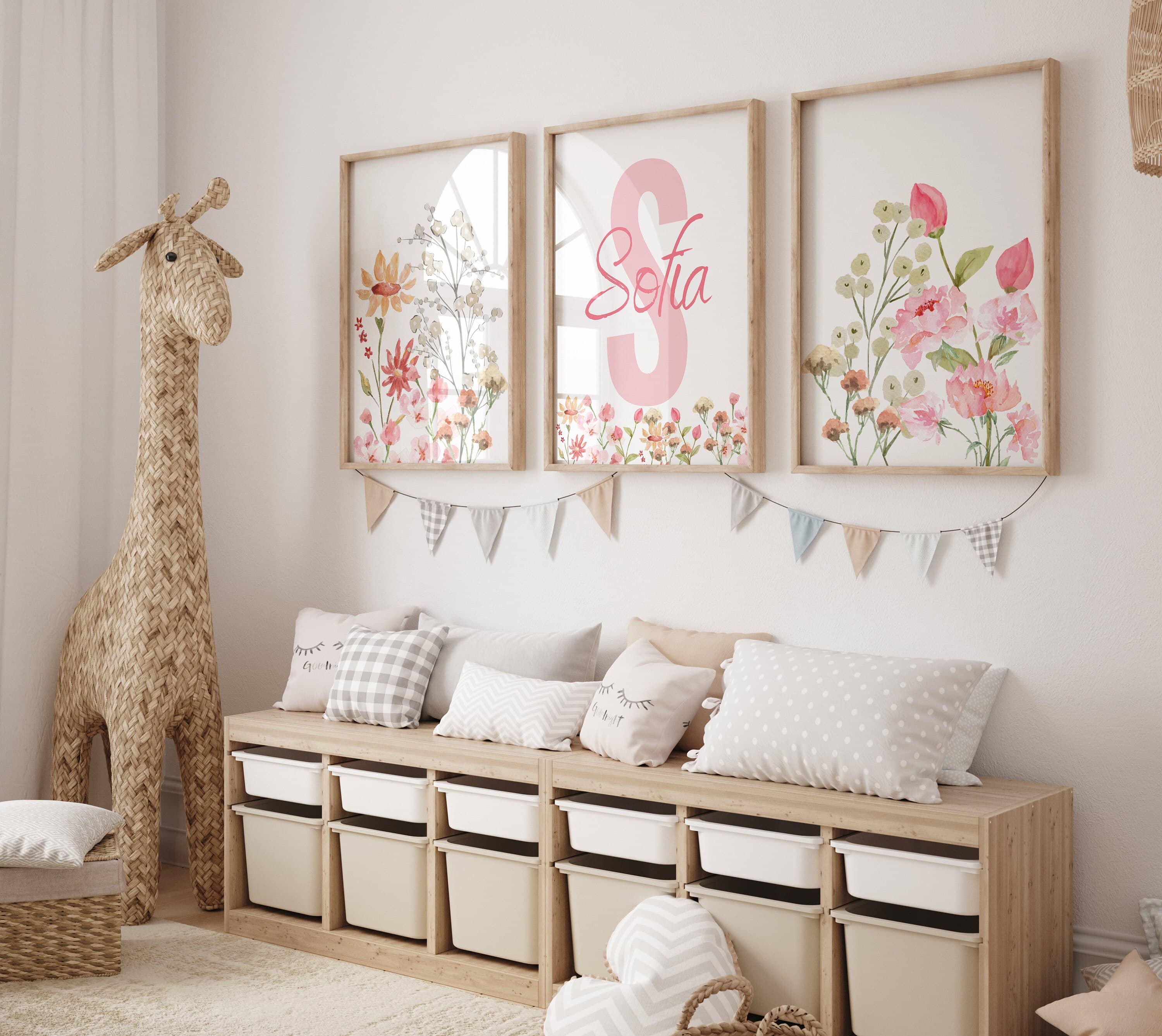 Name Sign Watercolor Pink Flower Nursery - Watercolor Floral Nursery Decor - Personalized Pink Floral Babygirl Room Decor- Digital Print