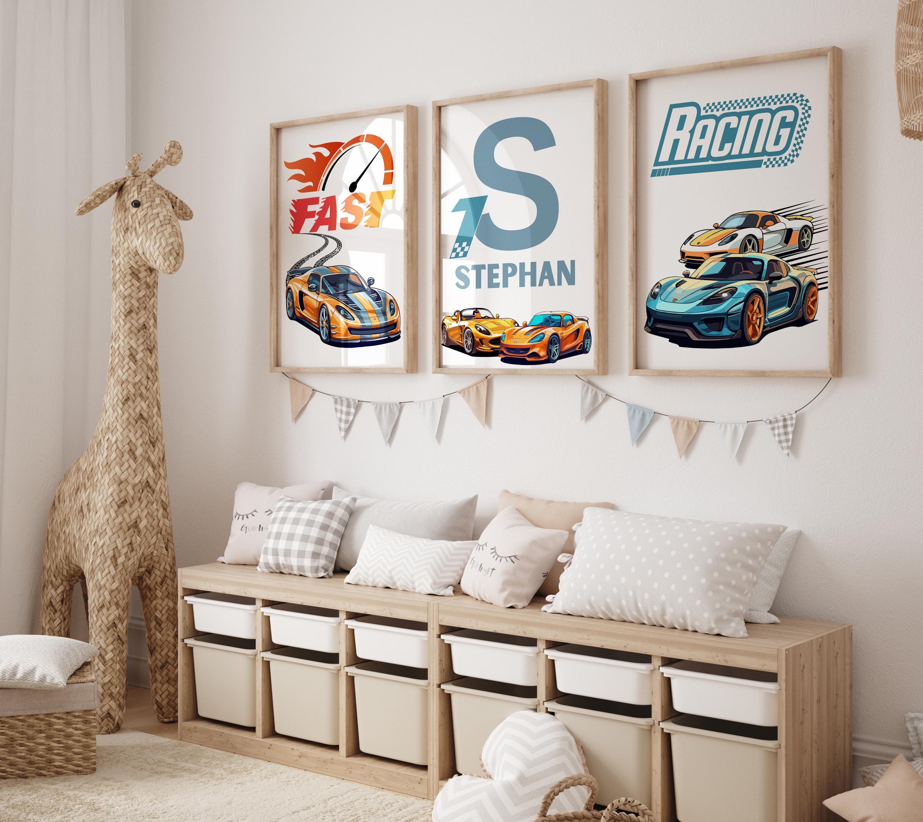 Personalized Sports Car Wall Art for Boys Room | Custom Name Racing Car Decor | Set of 3 Prints | Kids Room Wall Art - Car Nursery Decor