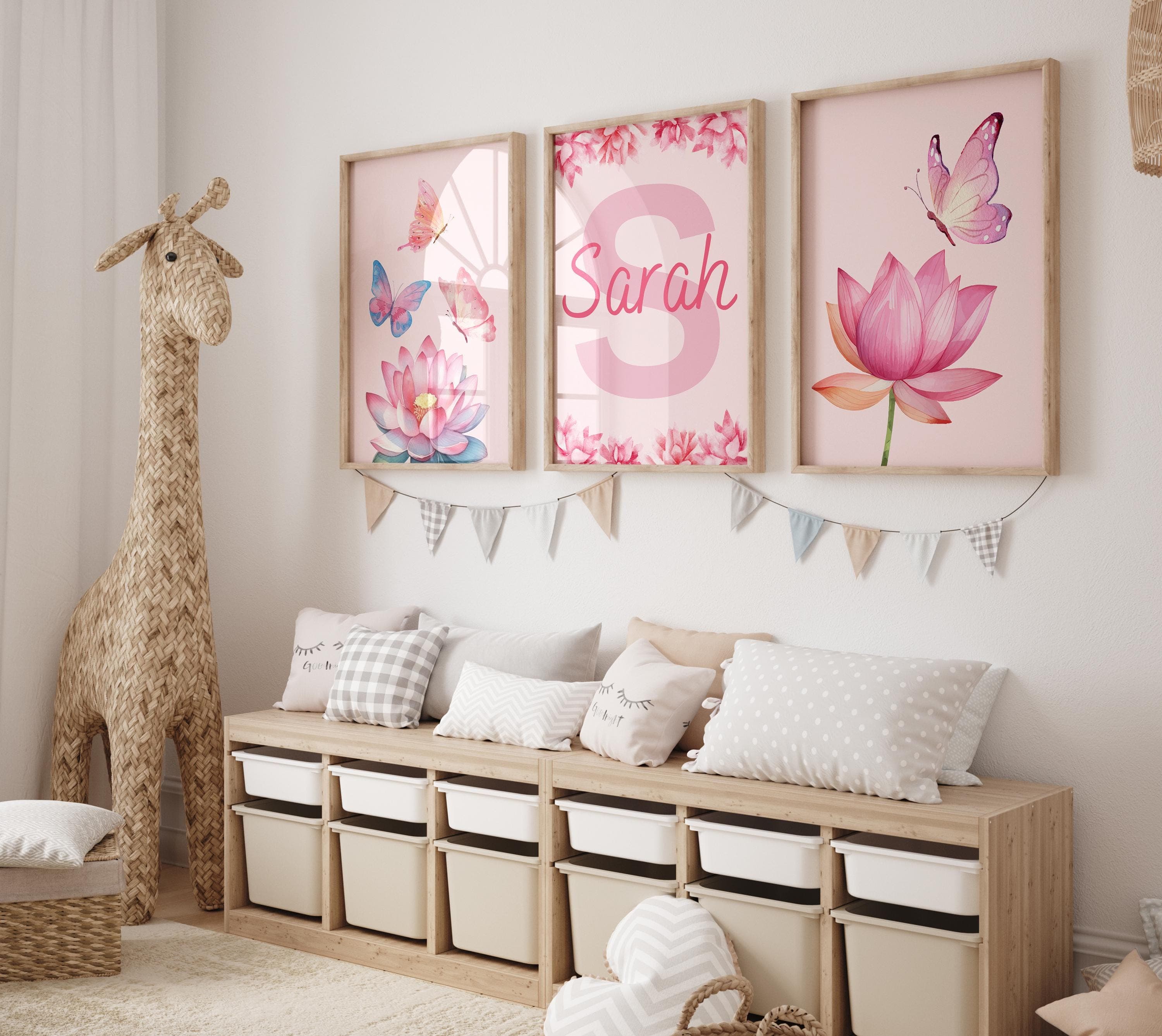 Personalized Pink Lotus Flower & Butterfly Wall Art Set | 3-Piece Digital Download ,Custom Name Nursery Decor | Girls Room Art ,Pink Nursery