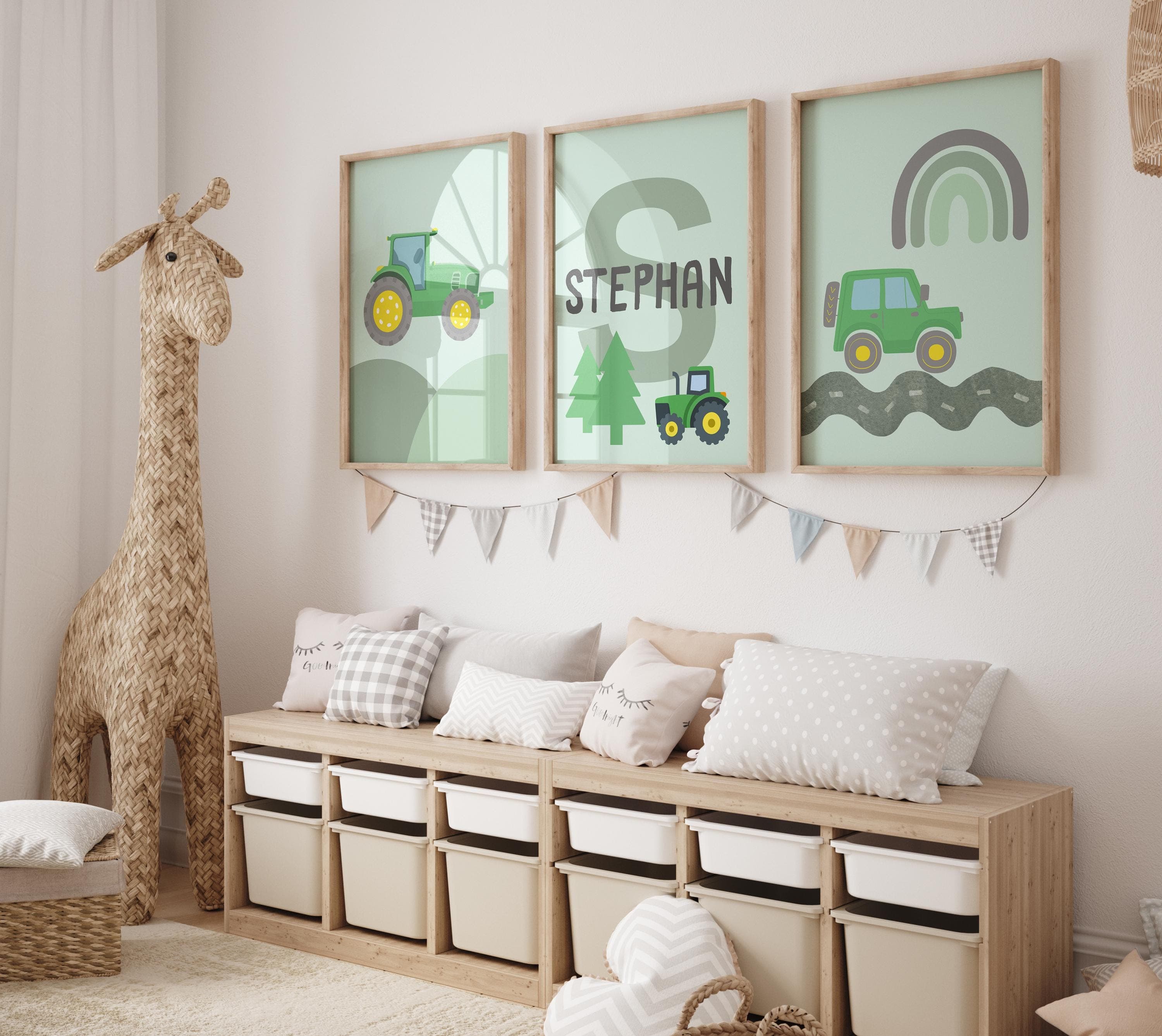 Green Tractor and Jeep Wall Art for Boys – 3 Piece Custom Name Farm and Off-Road Nursery Prints – Editable Boys Room Decor - Babyboy Room