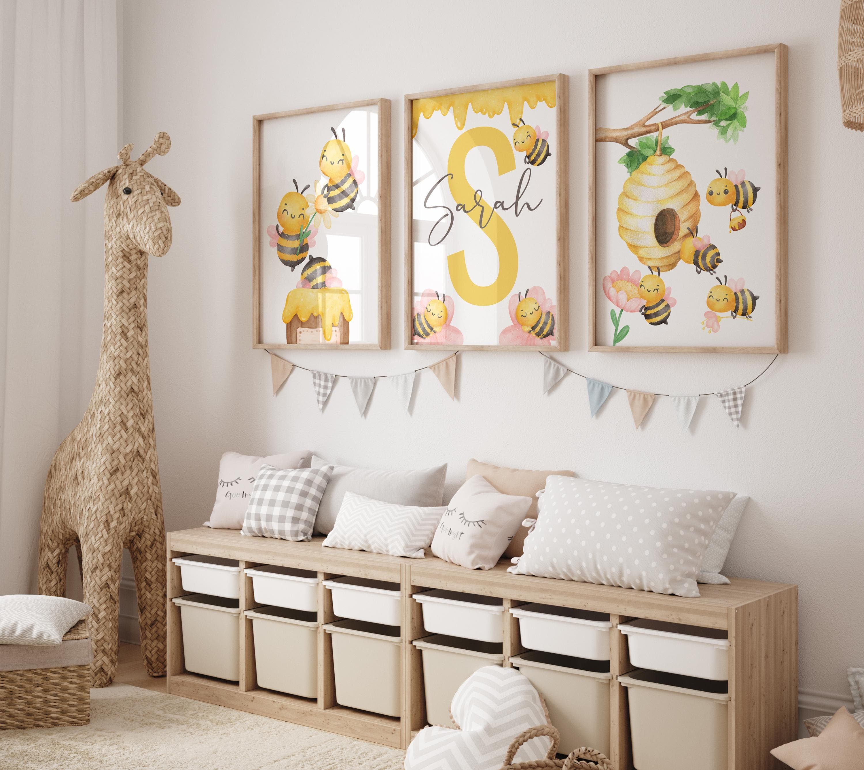Bee-Themed Watercolor Nursery Wall Art Set | 3-Piece Wall Decor for Kids' Room Inspired by Nature - Bee Nursery - Bee Prints - Bee Art