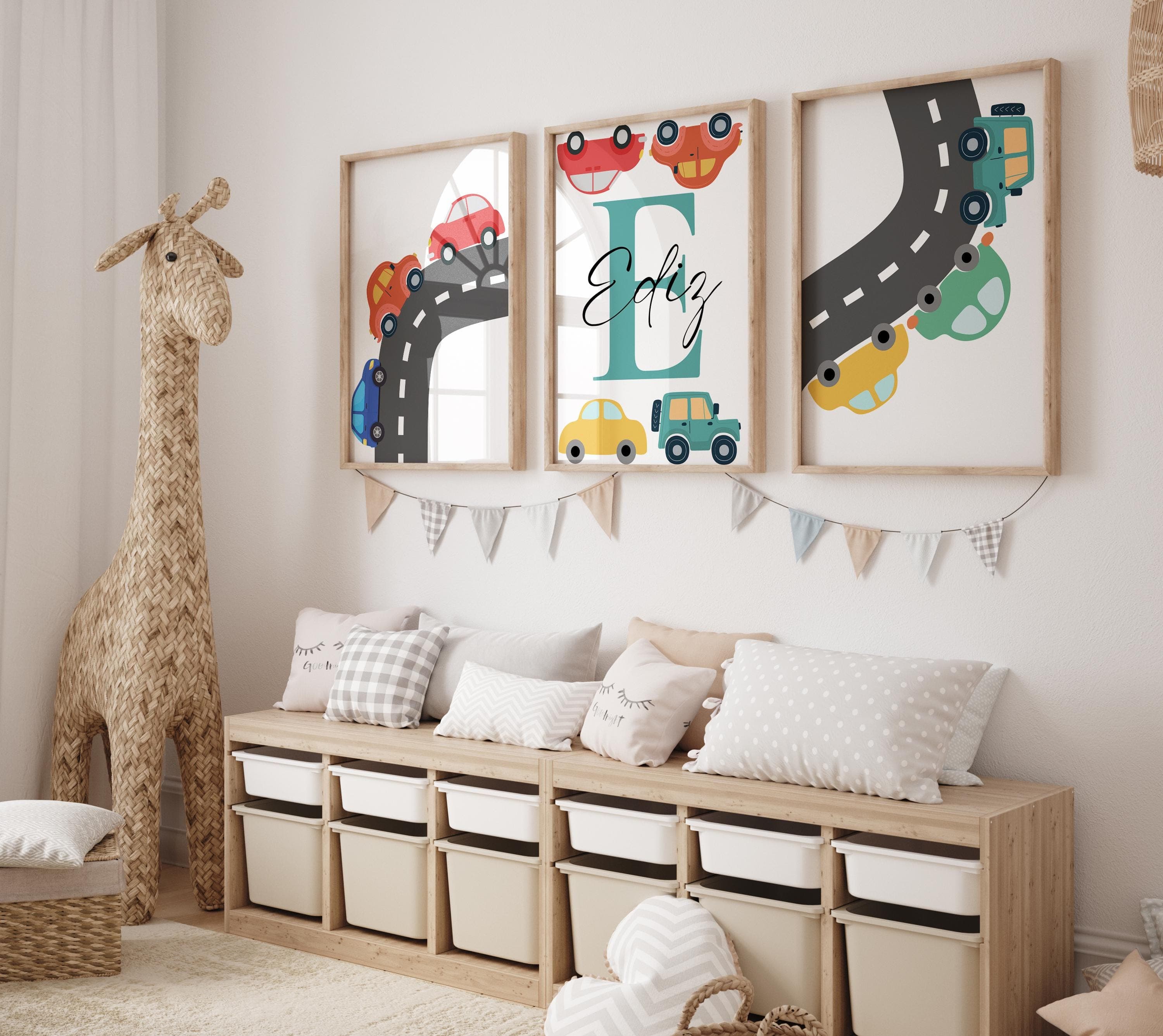 Personalized Car-Themed Wall Art for Boys' Room - 3-Piece Set, Custom Name, Nursery Decor, Kids Room Art, Vehicle Theme, Digital Download