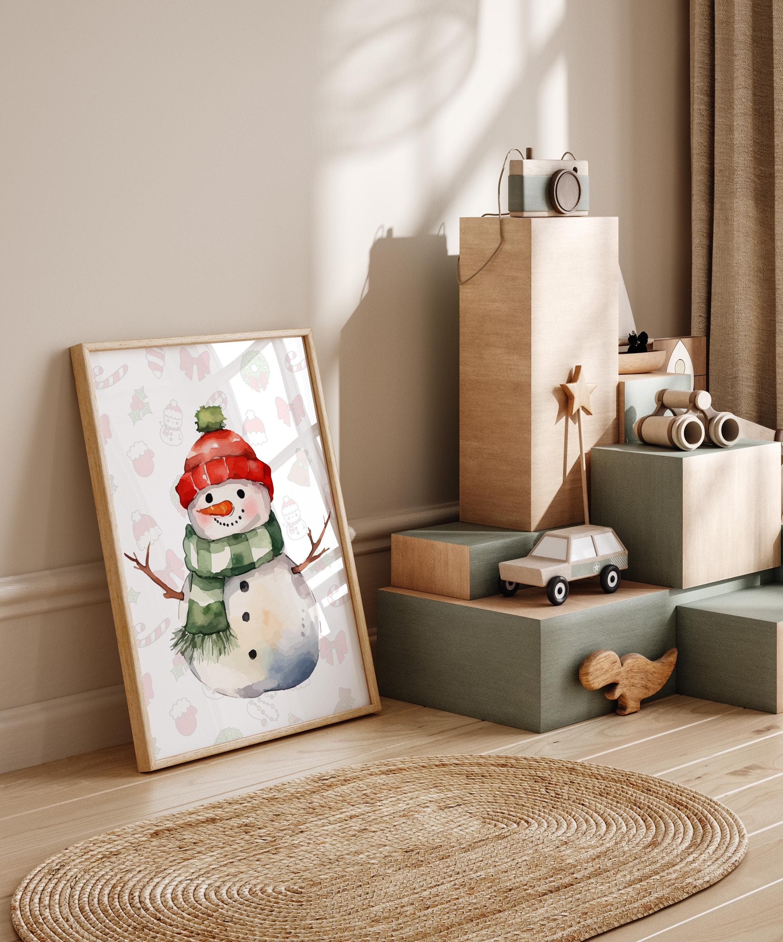 Snowman and Christmas tree wall decor for kids’ holiday decoration.