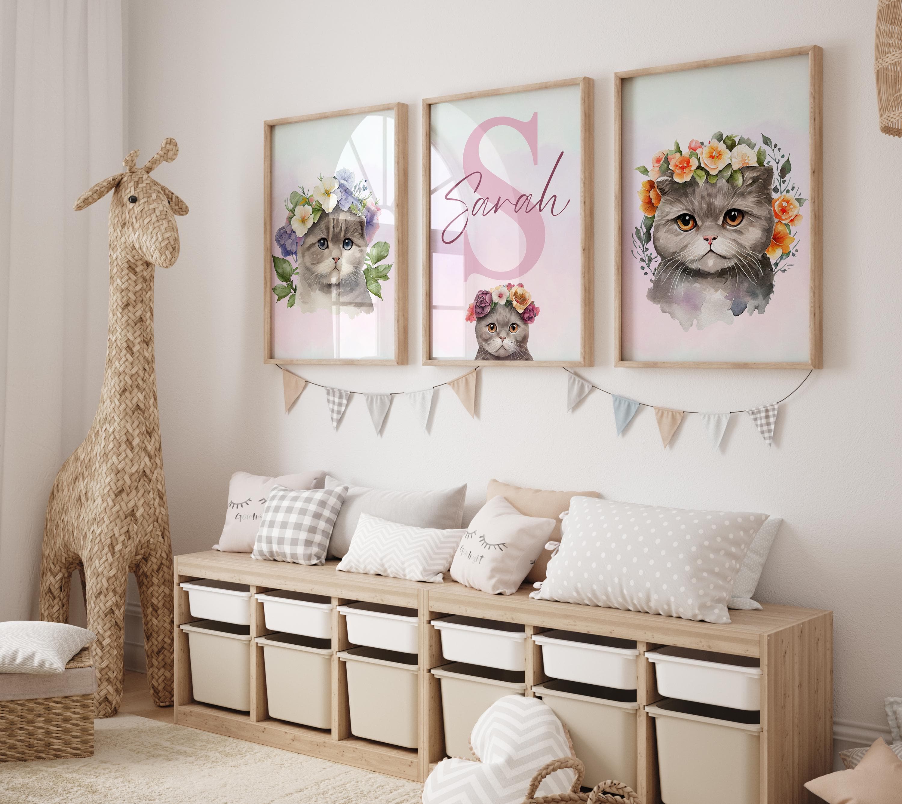 Personalized Cat and Flower Wall Art for Girls Room - Watercolor Nursery Decor, Cute Custom Name Kids Bedroom Artwork, Cat Nursery