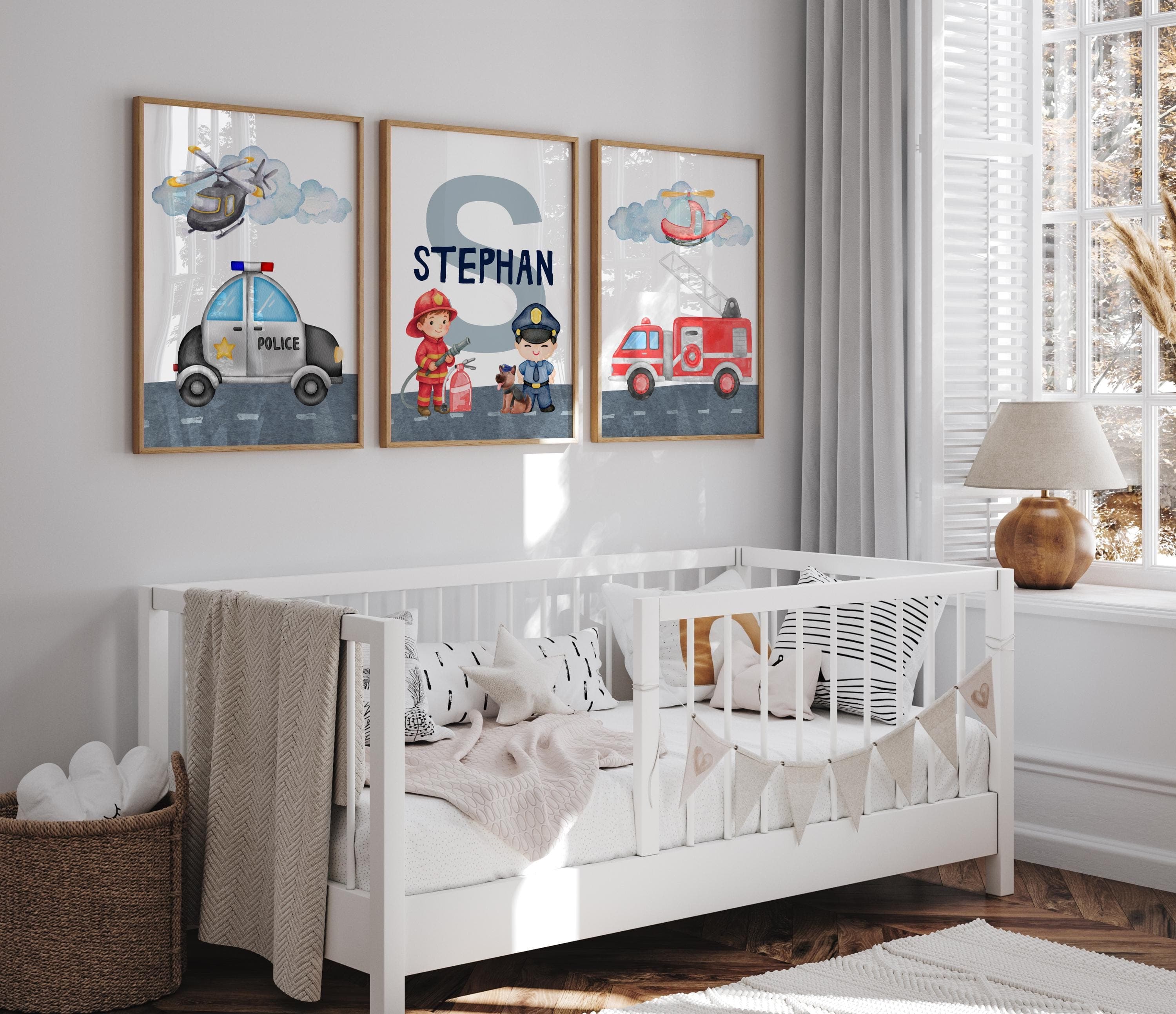 Fire Truck and Police Car Boys Room Wall Art | 3 Piece Personalized Nursery Prints | Emergency Vehicle Digital Download - Police Nursery