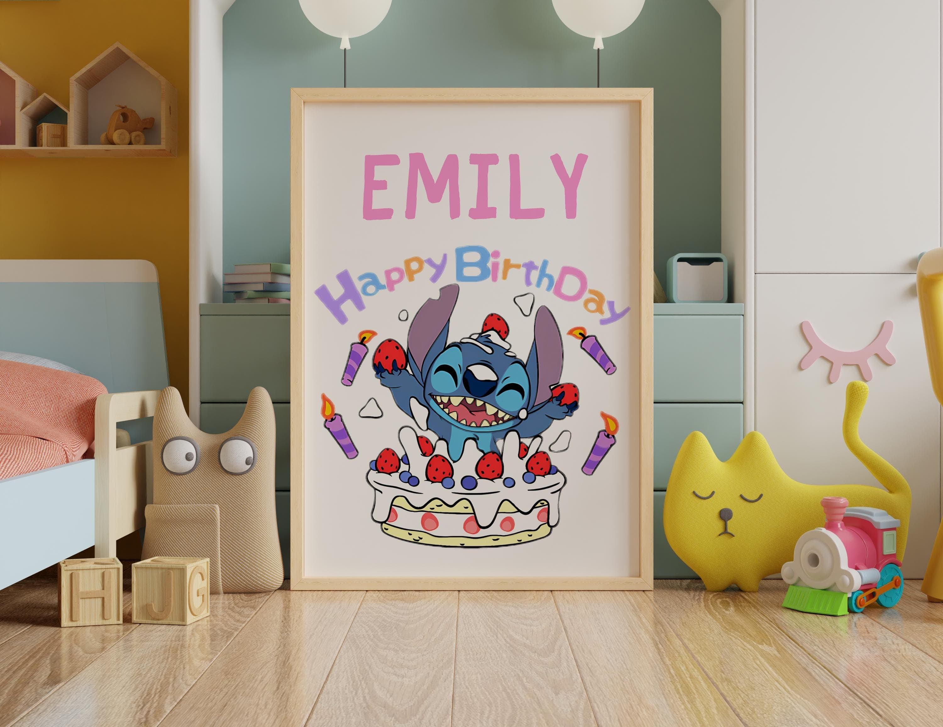 Cute digital birthday poster featuring Stitch and customizable text for a unique kids' room decor.