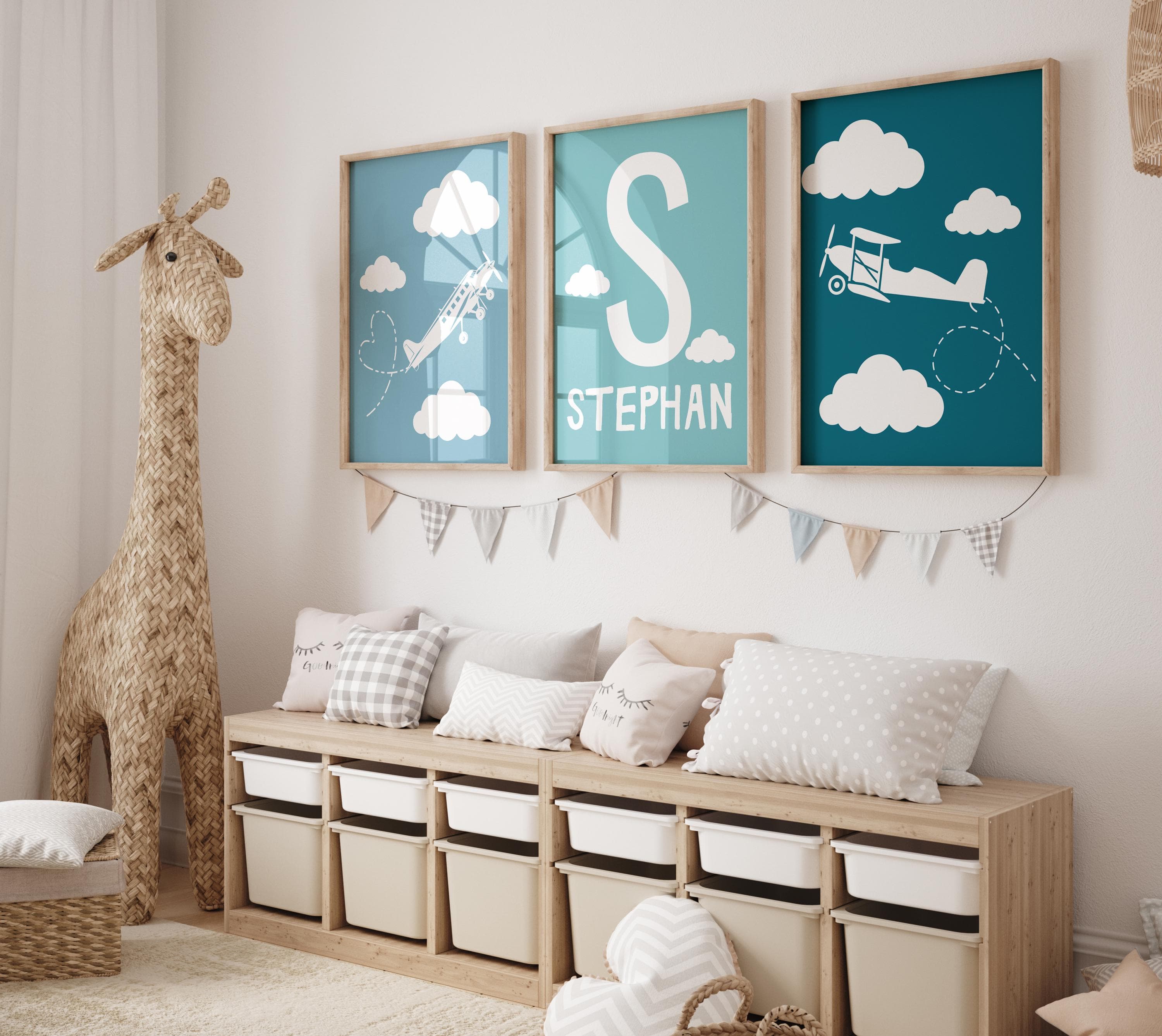 Personalized Airplane Nursery Wall Art for Boys - Custom Set of 3 Digital Prints, Blue Aviation-Themed Decor for Kids' Room - Blue Nursery
