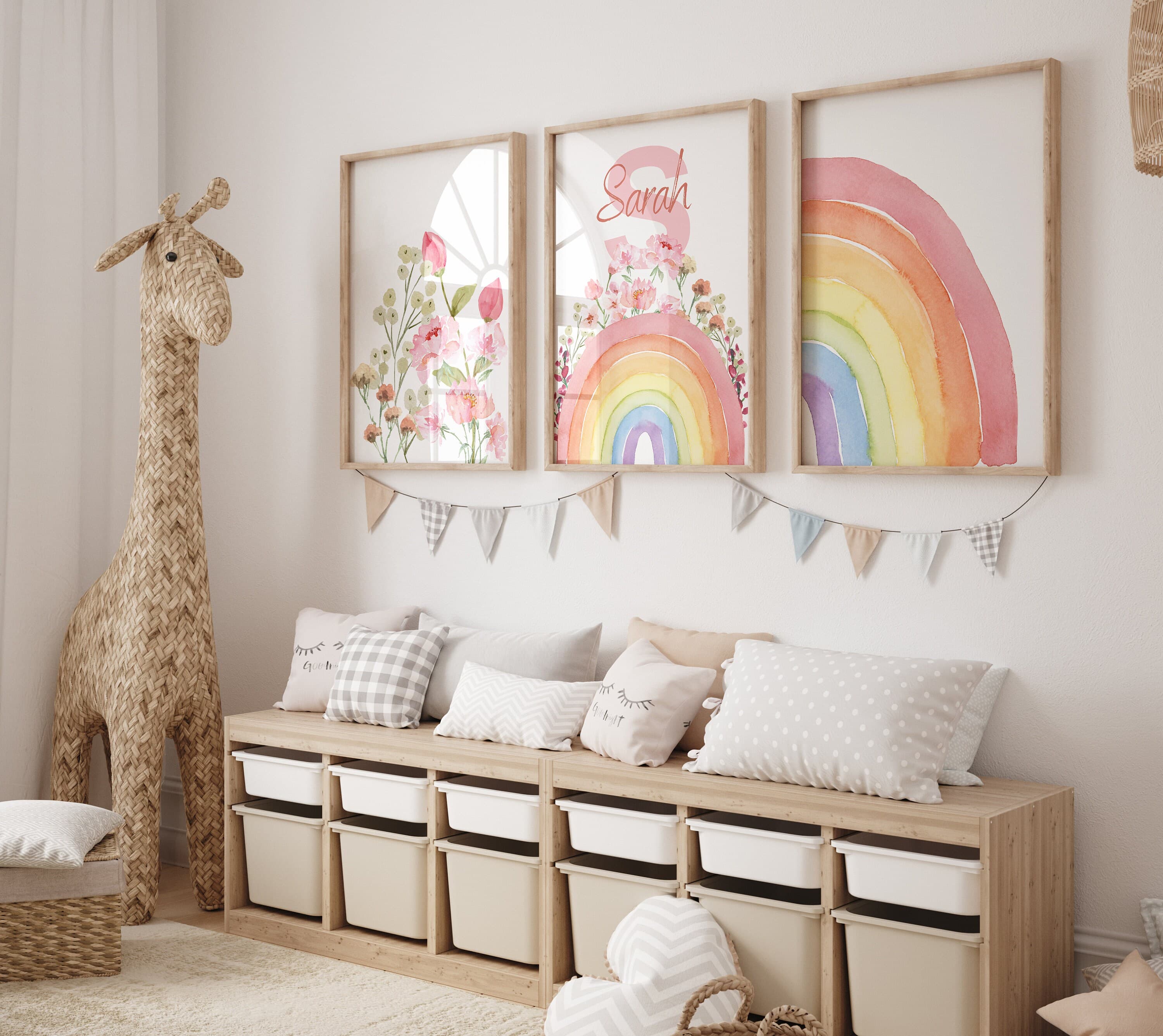 Personalized Watercolor Rainbow Nursery, Set of 3 Rainbow Digital , Name Sign Flower Nursery, Babygirl Babyshower Gift, Custom Name Babygirl