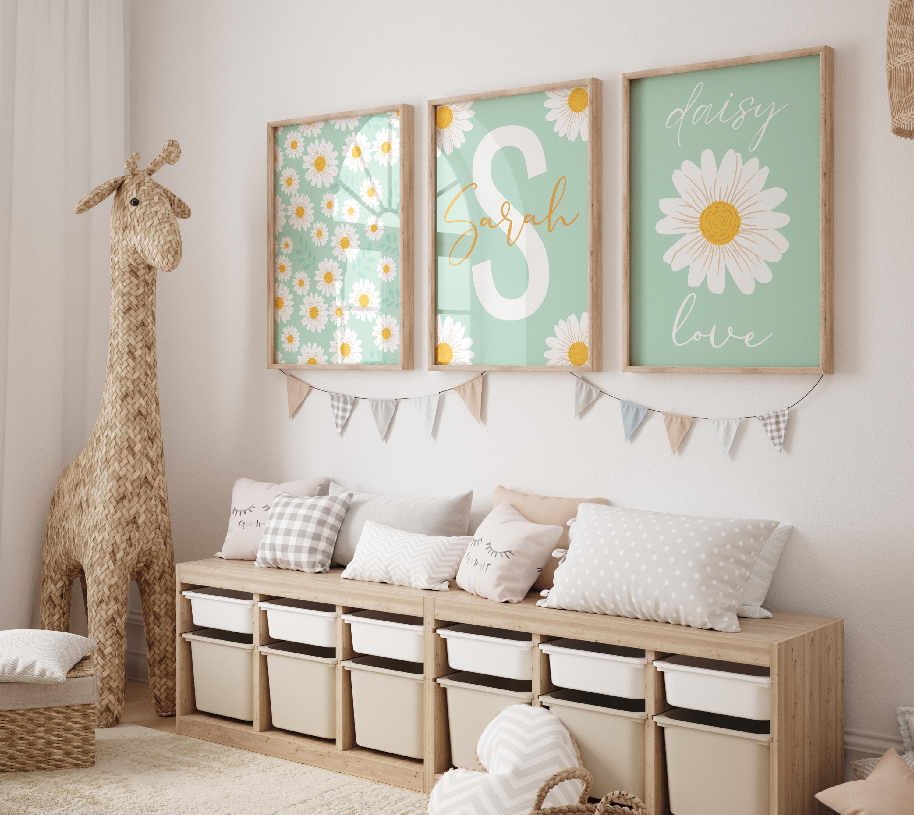 White Daisy Themed Kids Room Wall Art - Minimalist and Modern Digital Design, Perfect for Nurseries or Children’s Rooms Decor, Green Nursery