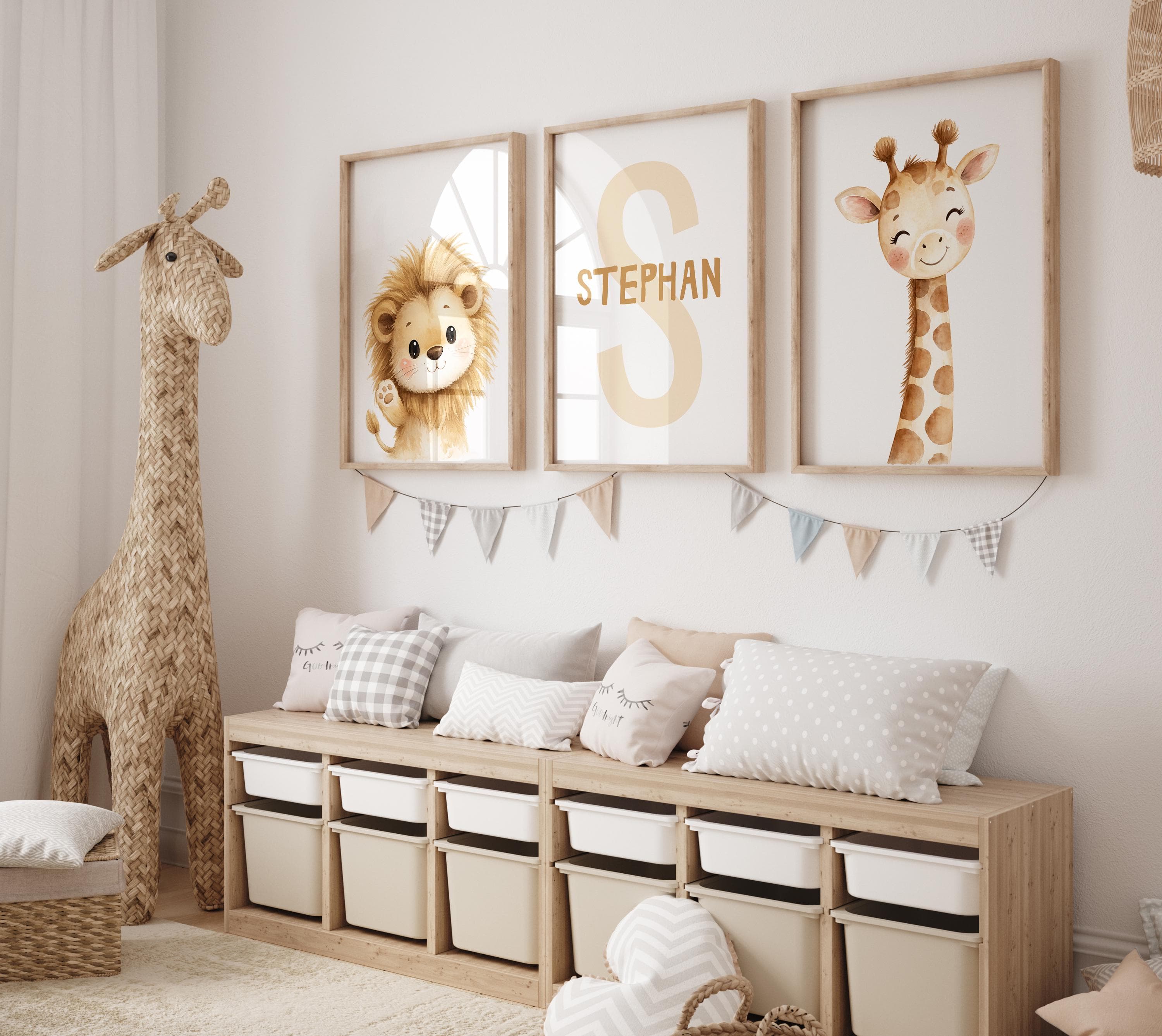 Personalized Safari Nursery Wall Art Set of 3, Lion Giraffe Baby Name Print, Neutral Kids Room Decor, Custom Name Poster, Digital Download