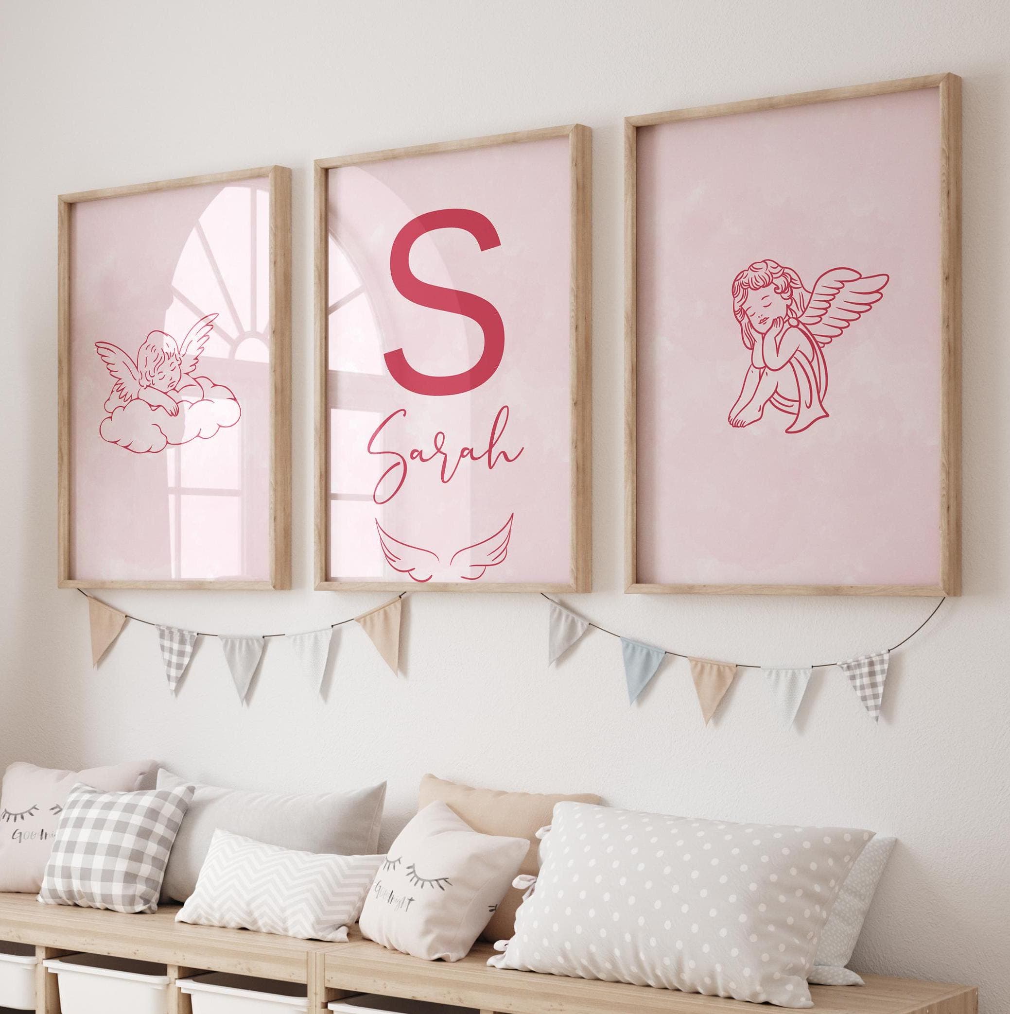 Custom Name Pink Minimalist Angel Nursery Set of 3 ,Personalized Pink Minimalist Angel Wall Art for Girls Room - Pink Angel Nursery Design