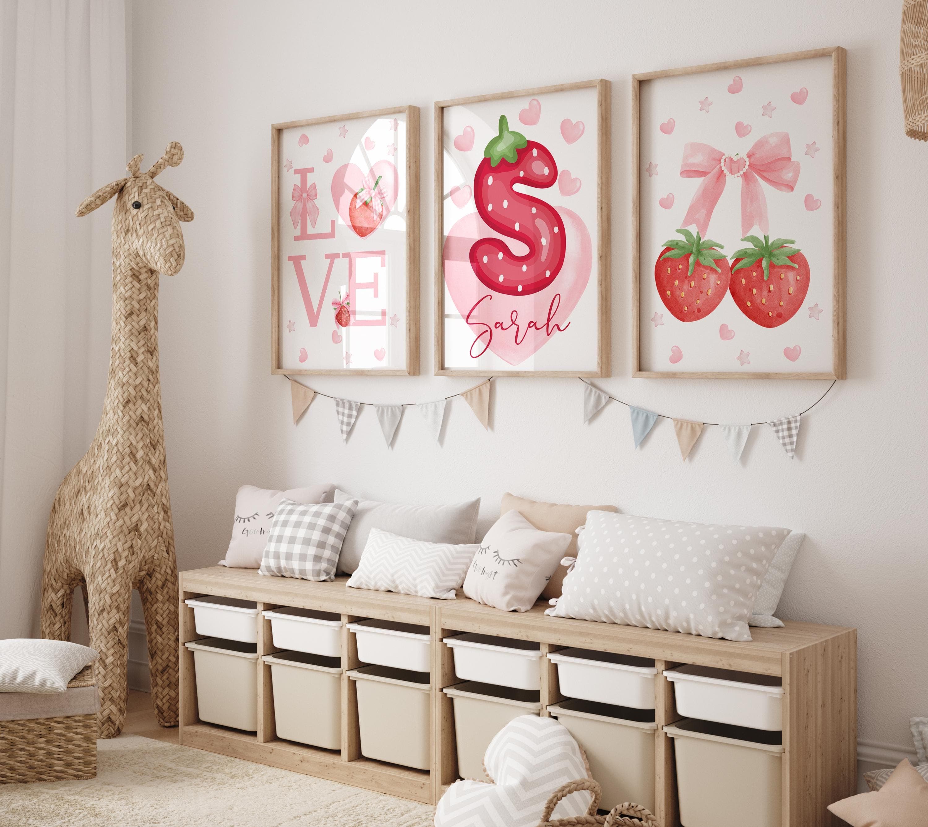 Personalized Pink Bow and Strawberry Wall Art for Girls Room | Custom Name Nursery Decor | Set of 3 Prints for Baby or Toddler Room - Pink