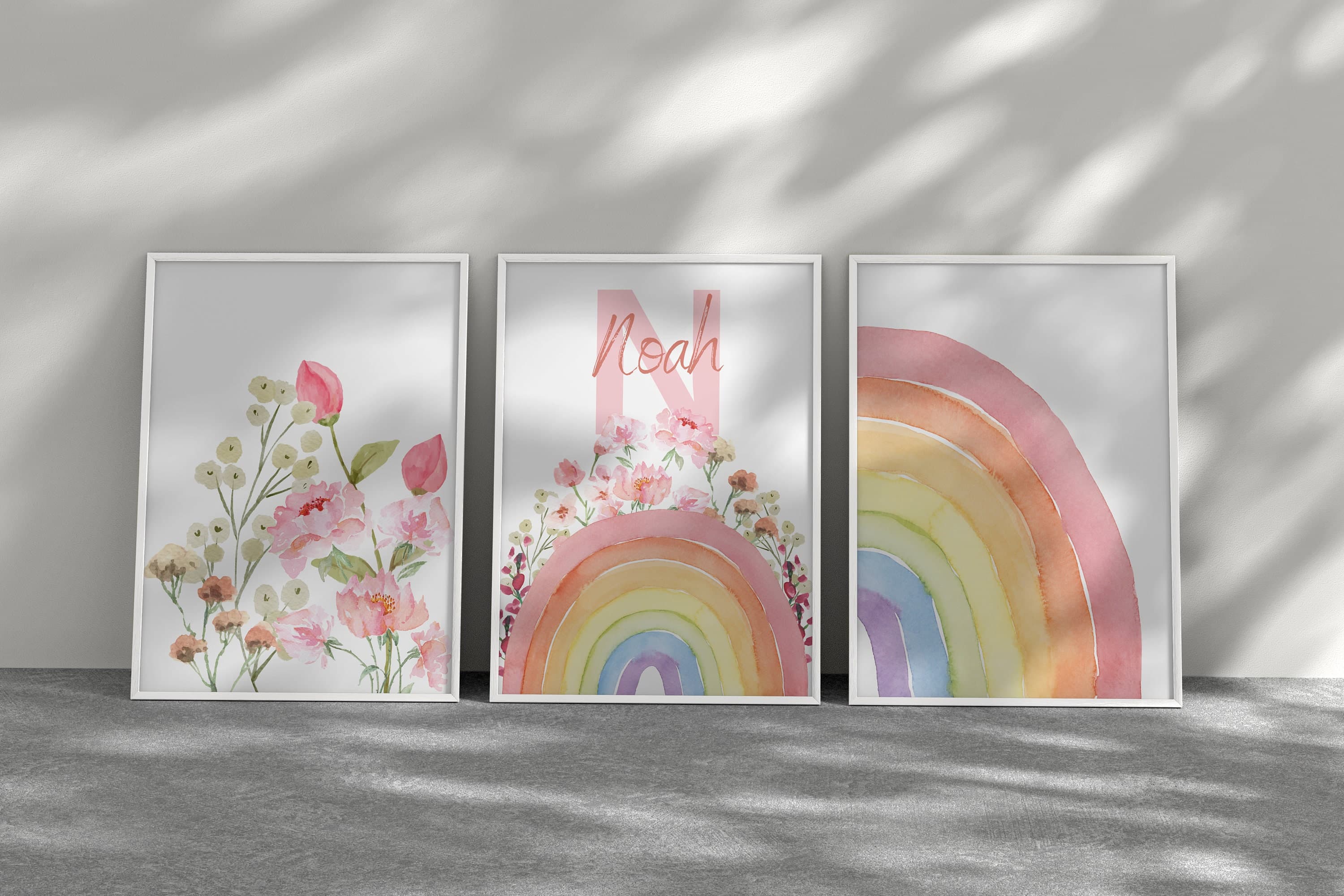 Personalized Watercolor Rainbow Nursery, Set of 3 Rainbow Digital , Name Sign Flower Nursery, Babygirl Babyshower Gift, Custom Name Babygirl - image 3