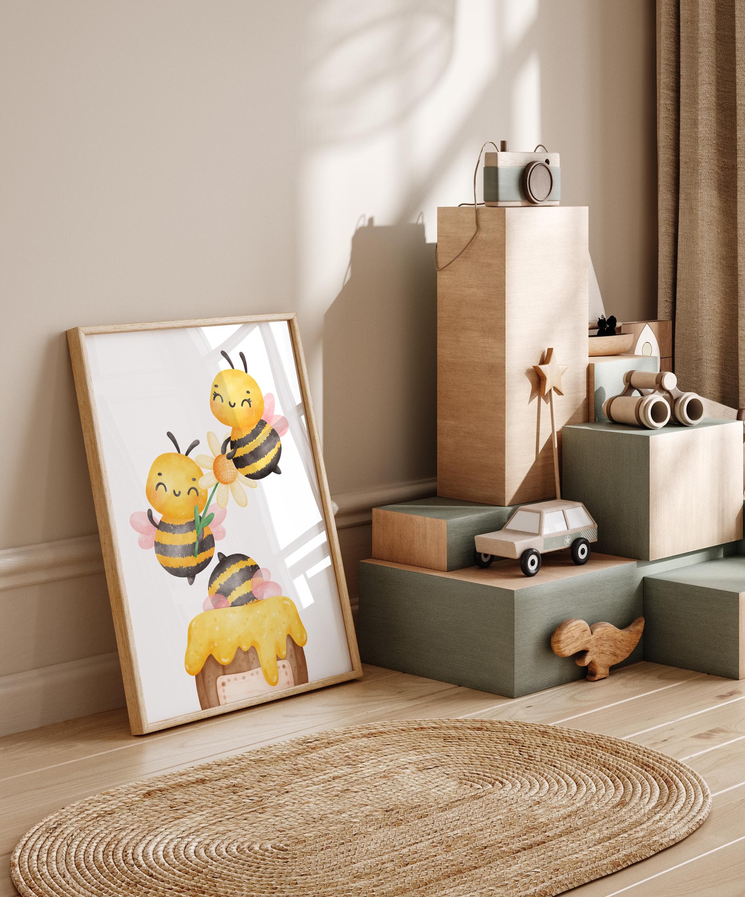 Playful bee wall art for children's rooms