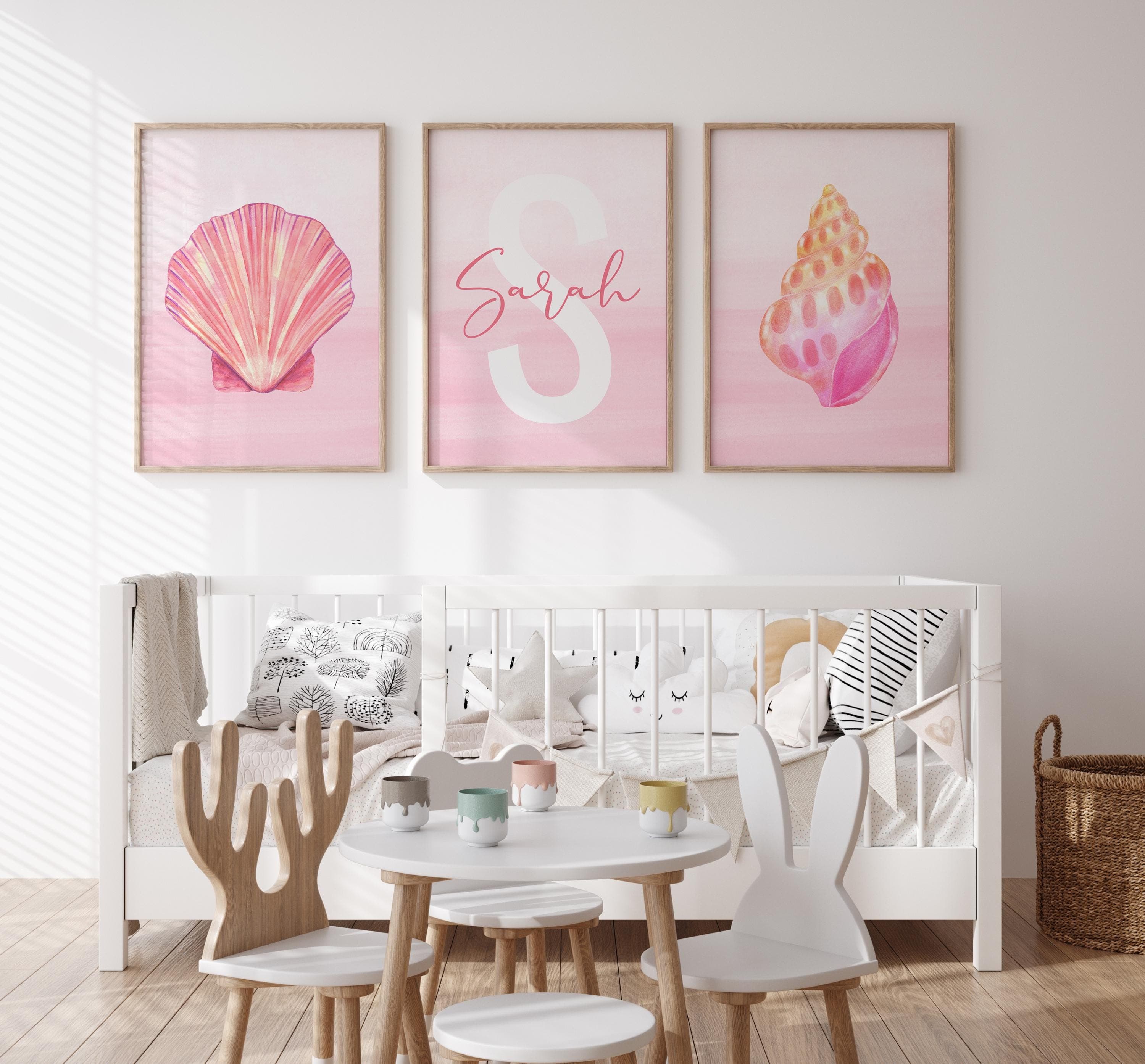 3 piece pink seashell wall prints for baby girl