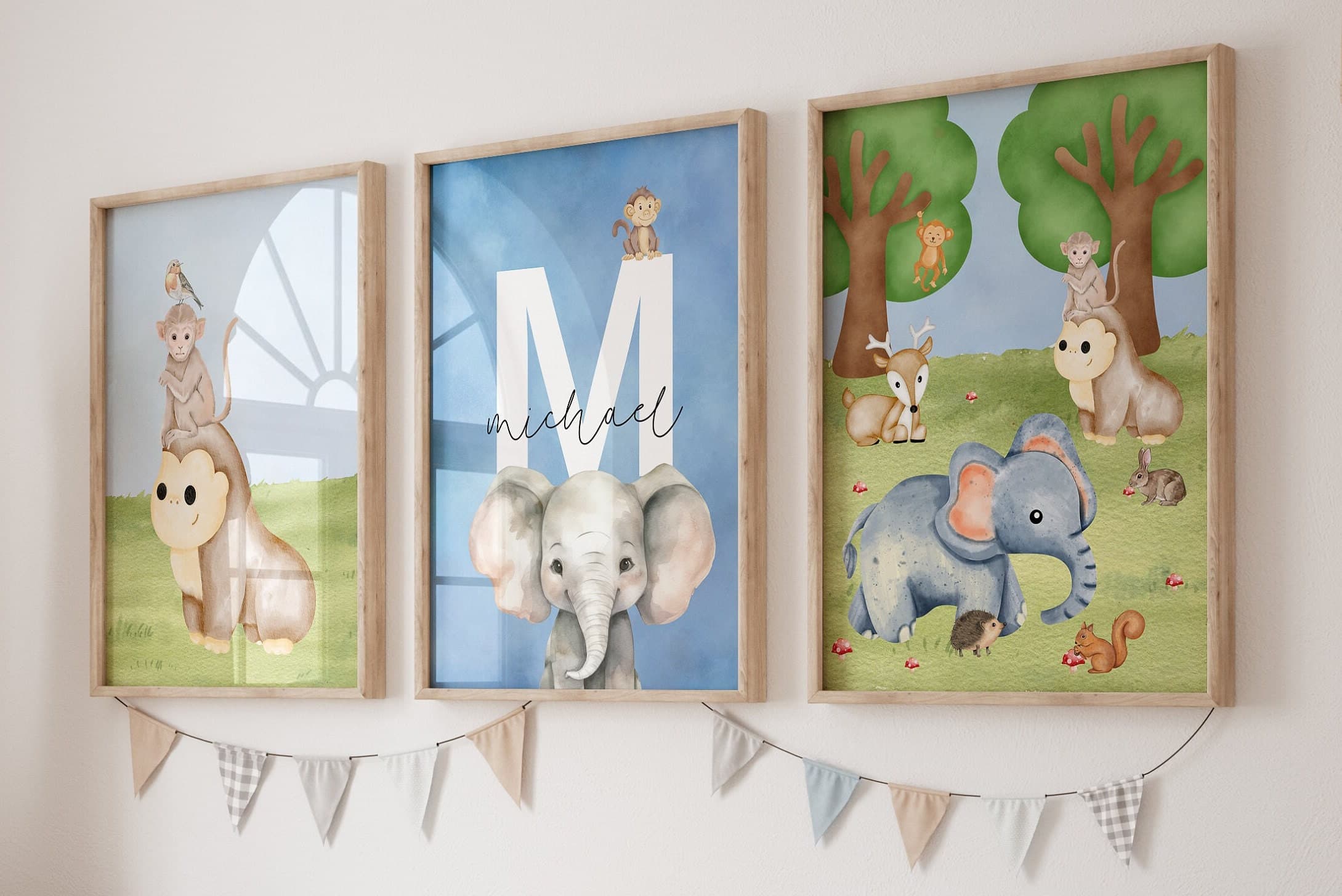 Personalized Watercolor Animals Digital Print, Safari Animal Nursery , Name Sign Safari Animal, Watercolor Animal, Blue , Babyroom Poster