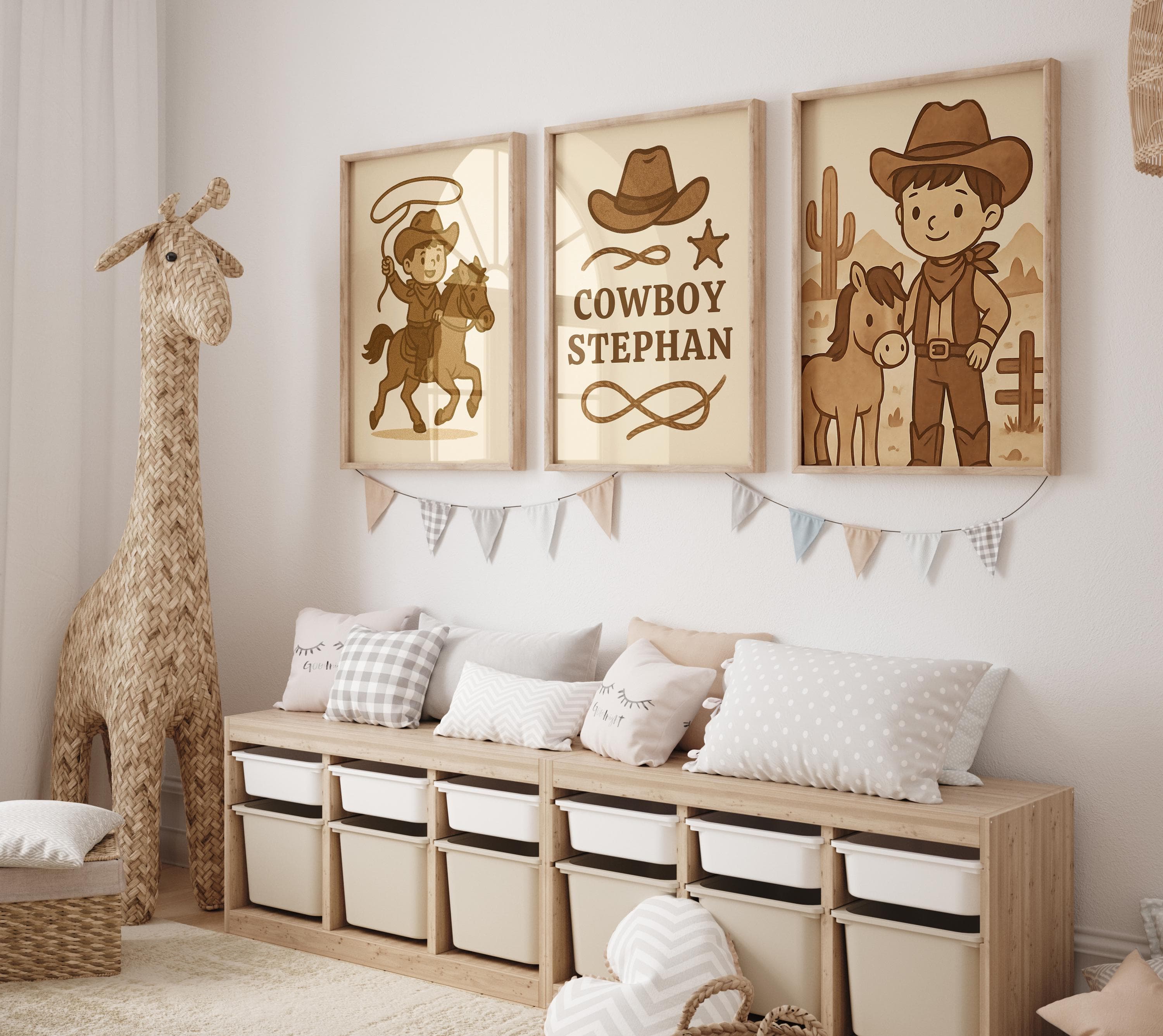 Cowboy Wall Art for Boys – 3 Piece Custom Name Western Nursery Prints – Editable Brown Cowboy Room Decor, ISO & 2:3 Ratios , Brown Nursery