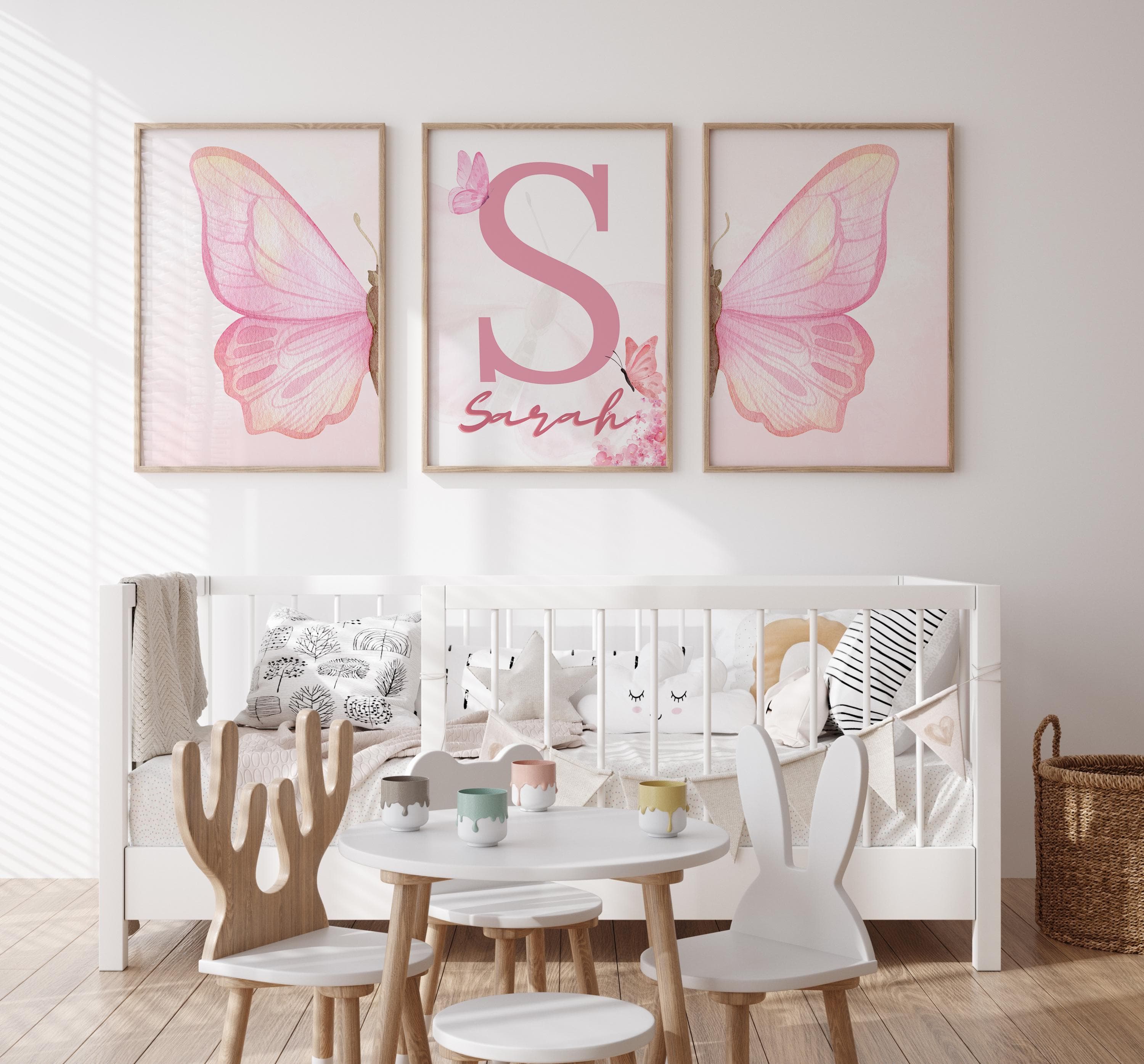Personalized butterfly wall art set, custom name nursery decor for girls room, pastel butterfly theme printable, 3-piece digital design