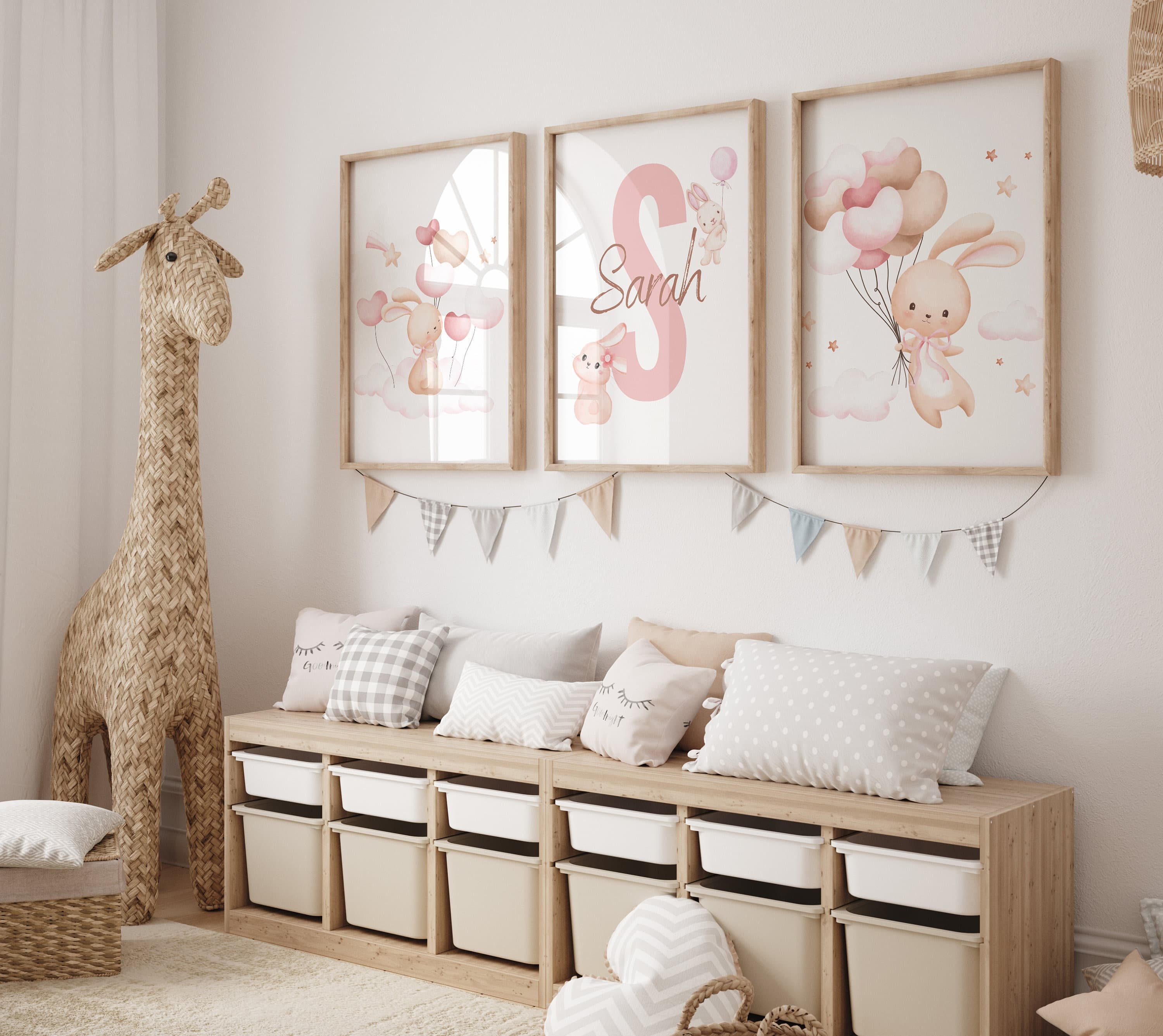 Personalized Rabbit Nursery Digital , Set of 3 Rabbit Nursery Decor, Set of 3 Babygirl Nursery Digital Print , Pink Nursery, Rabbit Babygirl