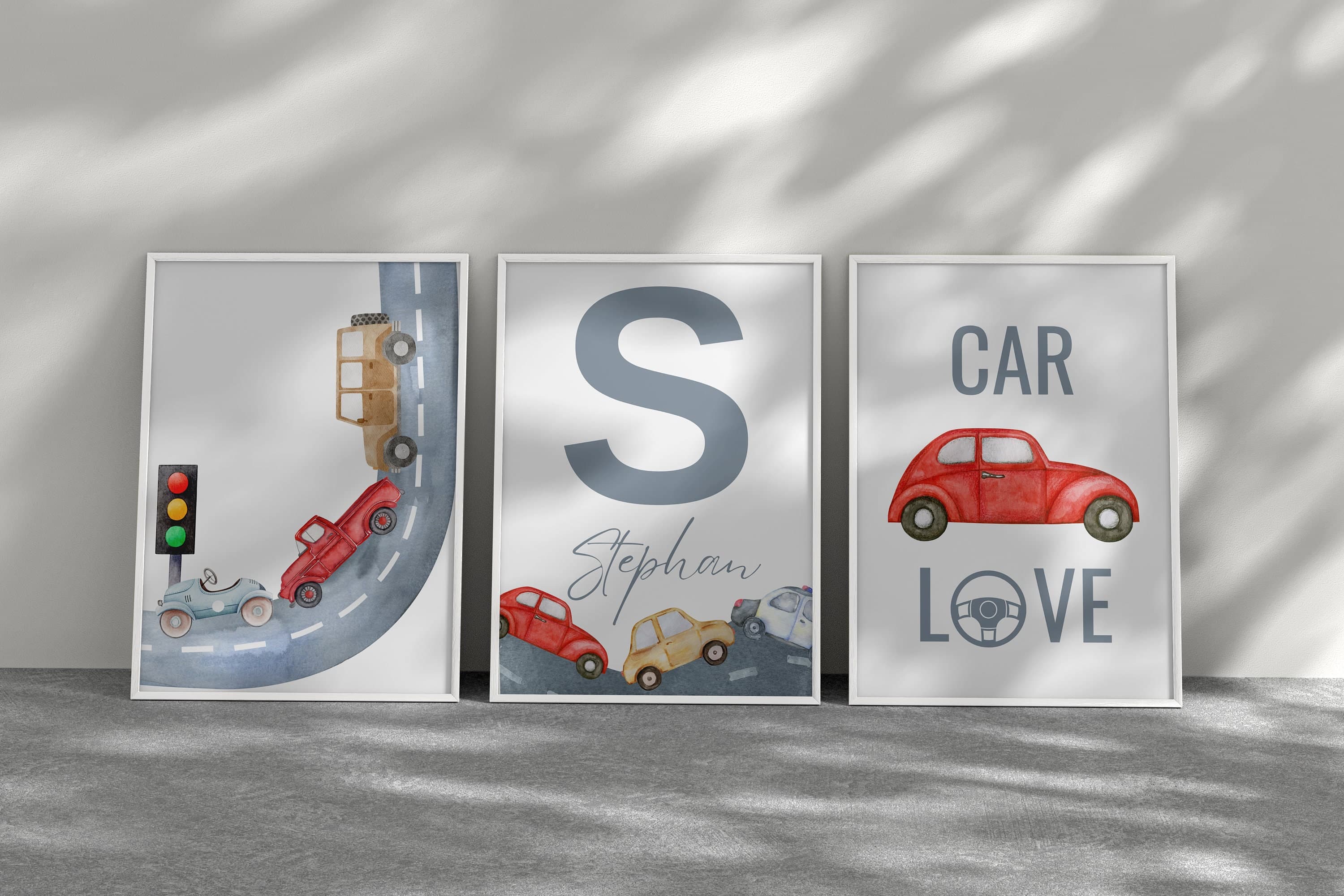 Personalized Car Themed 3-Piece Wall Art Set for Boy's Room | Custom Name Canvas Prints | Kids Bedroom Decor | Unique Gift Idea | Digital - image 3