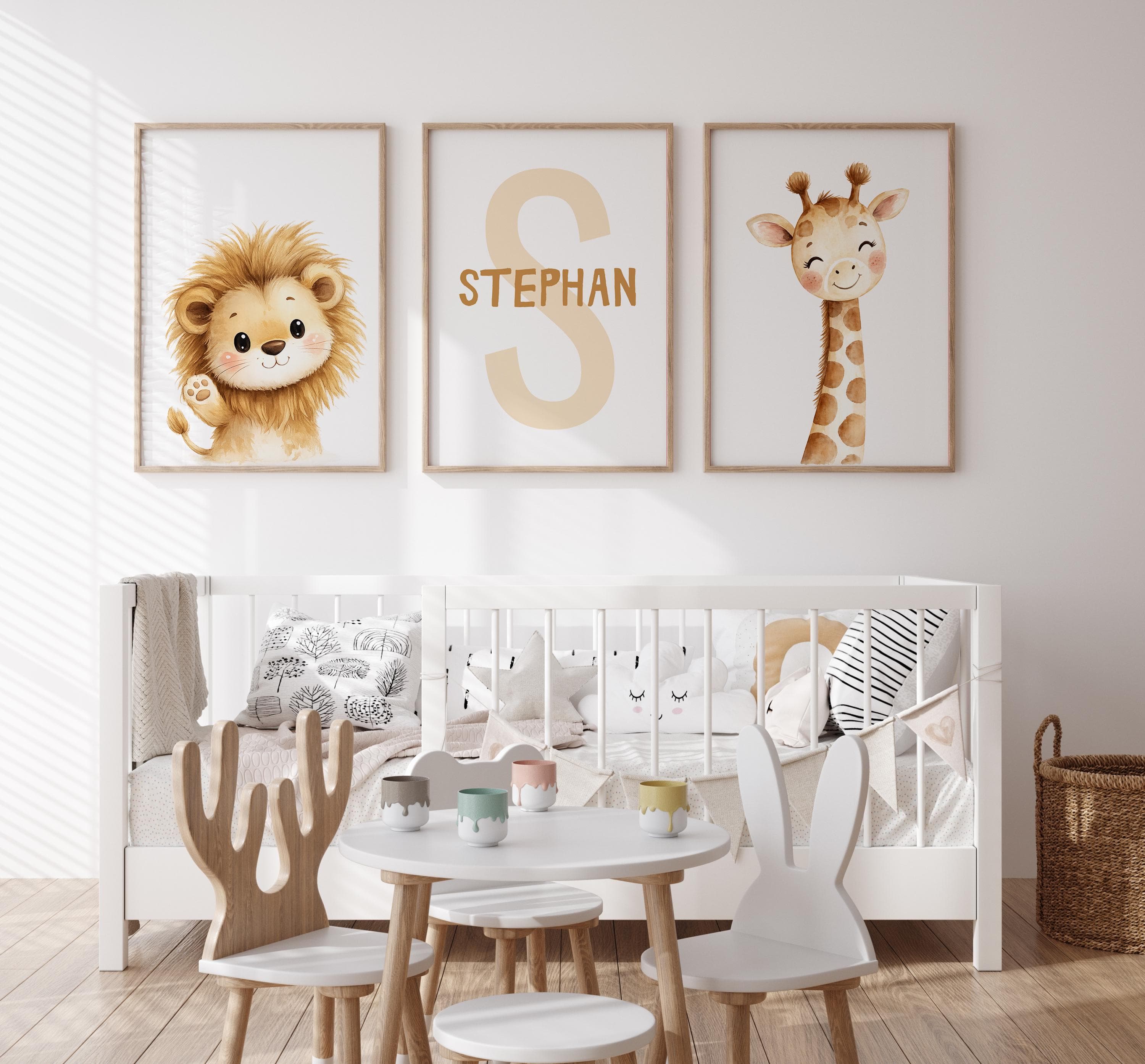 Kids room wall art set of 3 safari theme personalized name digital download