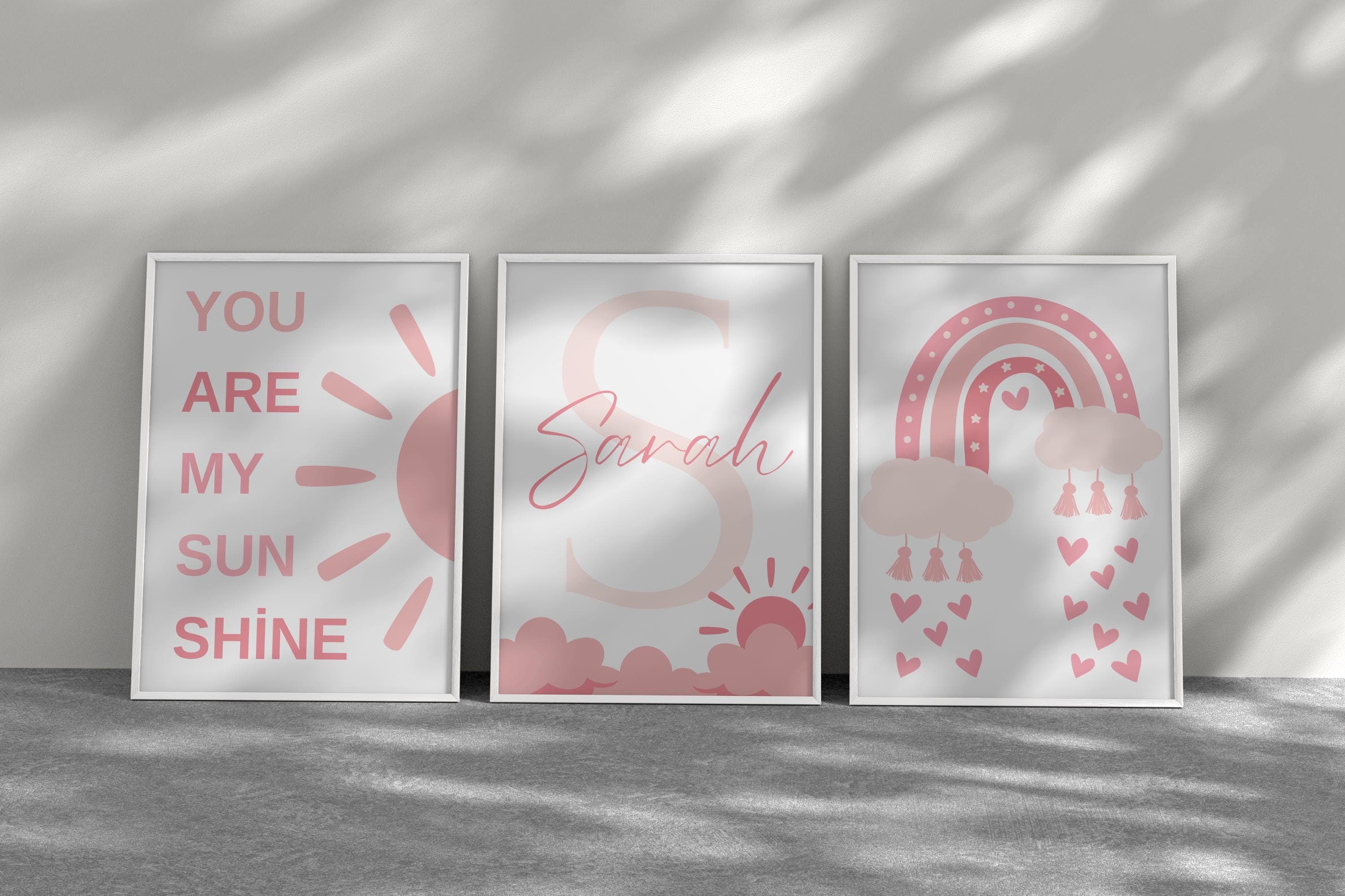 Personalized Rainbow & Sun Nursery Wall Art Set | Pink Themed Customizable Name Print | 3-Piece Digital Download for Girls' Room - Digital - image 3