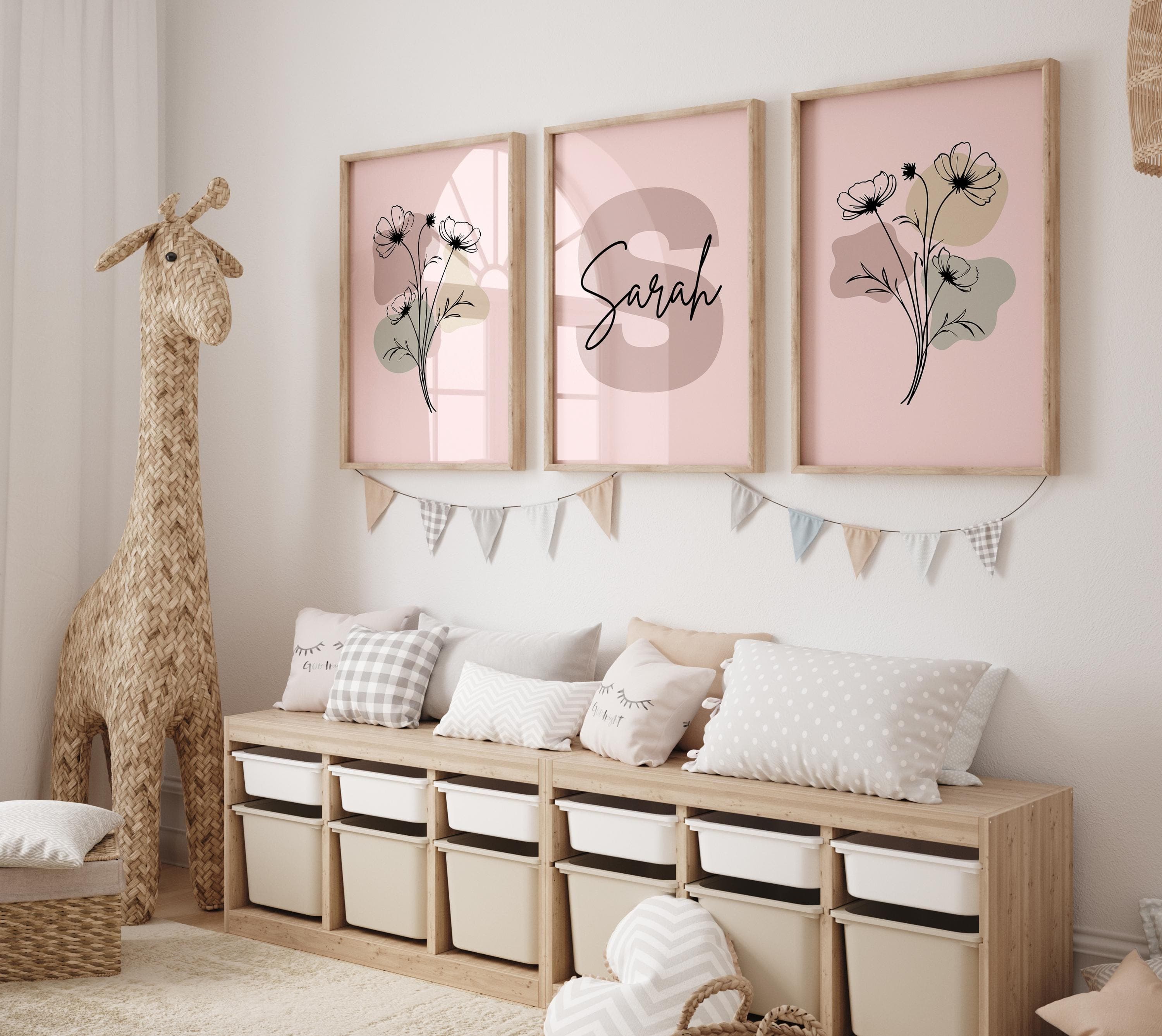 Minimalist Pink Flower Nursery Wall Art, Outline Floral Theme, Personalized Wall Decor for Girls, Set of 3 Digital Prints for Baby Room Art