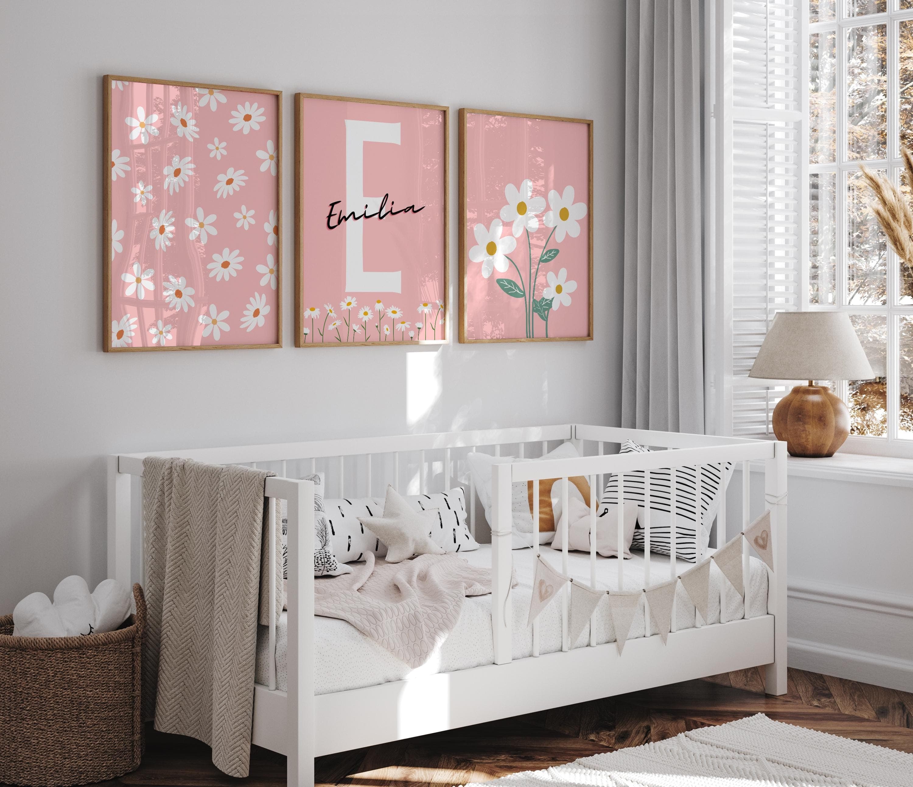 Digital daisy print for girls' pink nursery design.