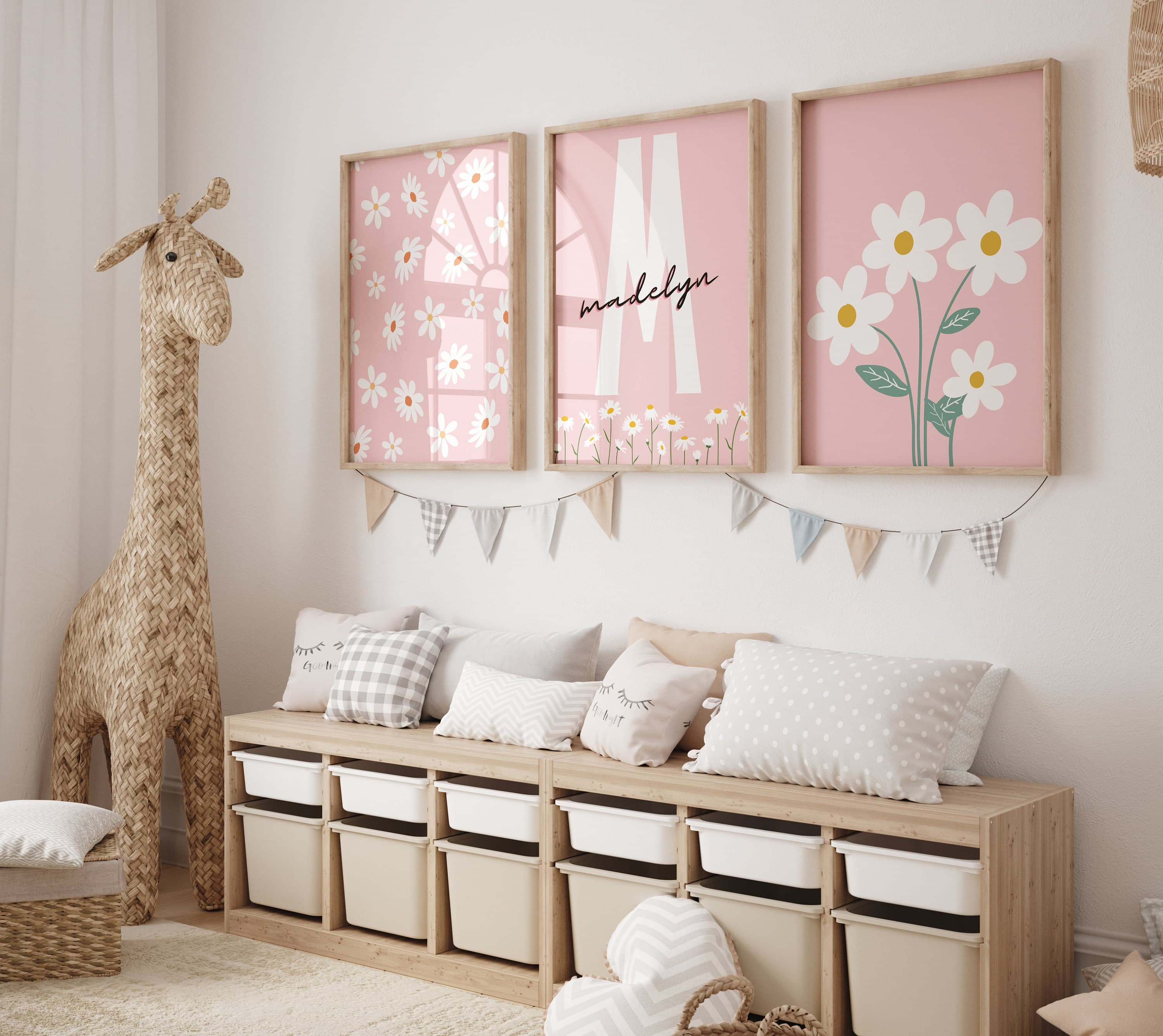 Set of 3 Pink Daisy Wall Art , Nursery name , Daisy wall art, Pink nursery decor, Sage daisy nursery wall art,neutral baby girl room prints