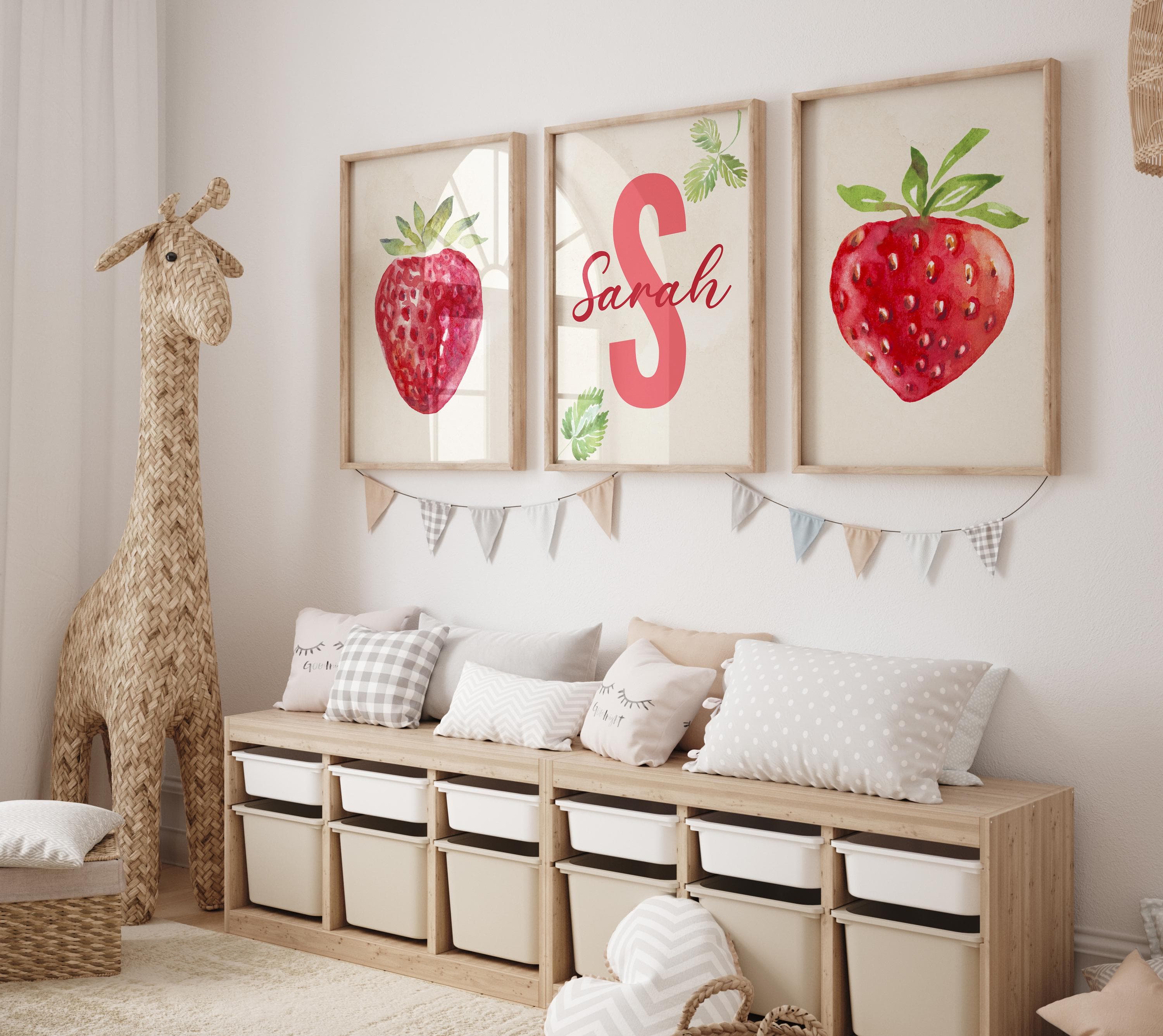 Strawberry Nursery Wall Art for Girls, Custom Name Print Set of 3, Pink Baby Room Decor, Digital Strawberry Wall Art Printable - Sweet Berry