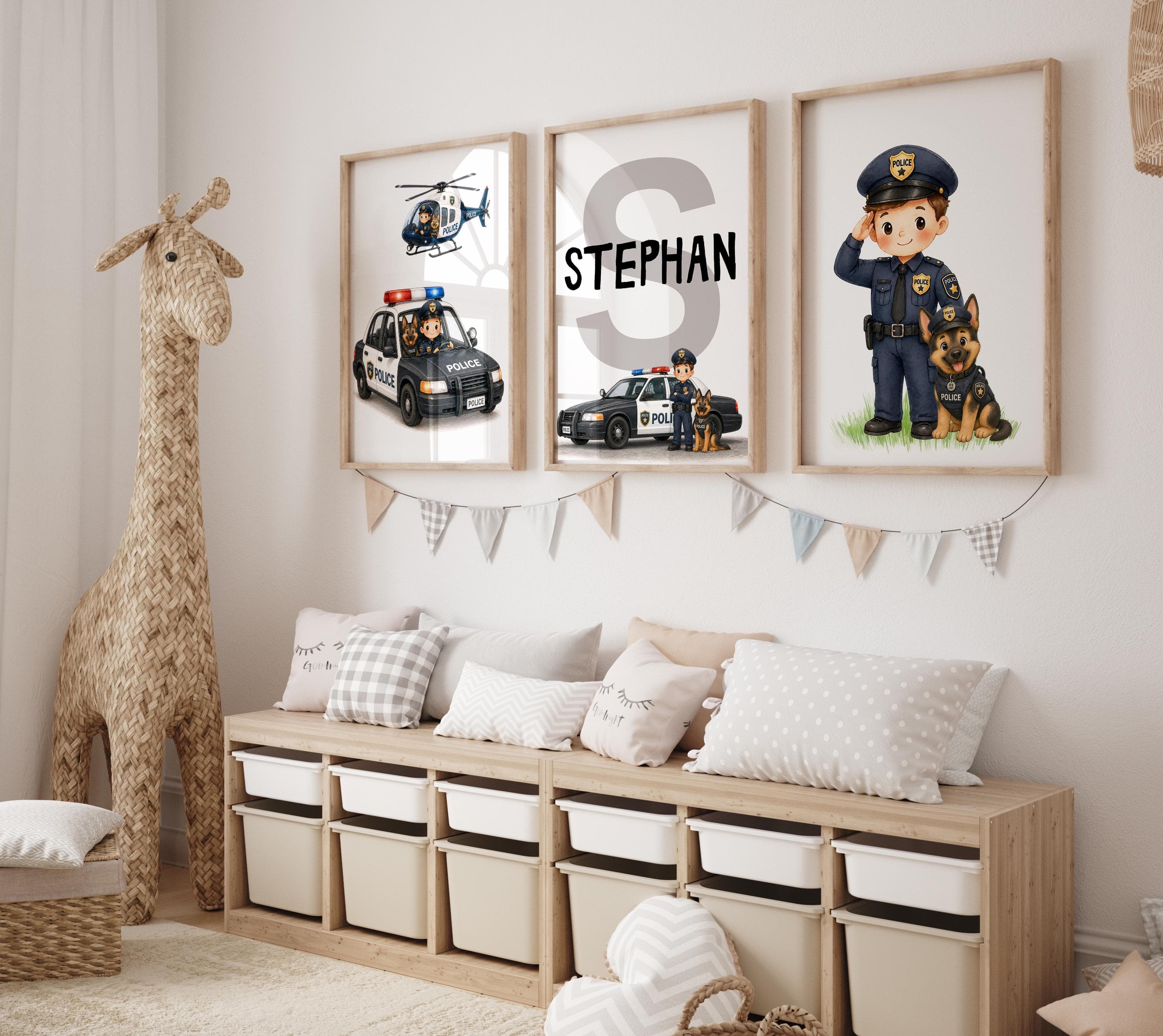 Personalized Police Nursery Wall Art Set of 3, Police Car Helicopter K9 Dog Print, Baby Boy Room Decor, Custom Name Poster, Digital Download