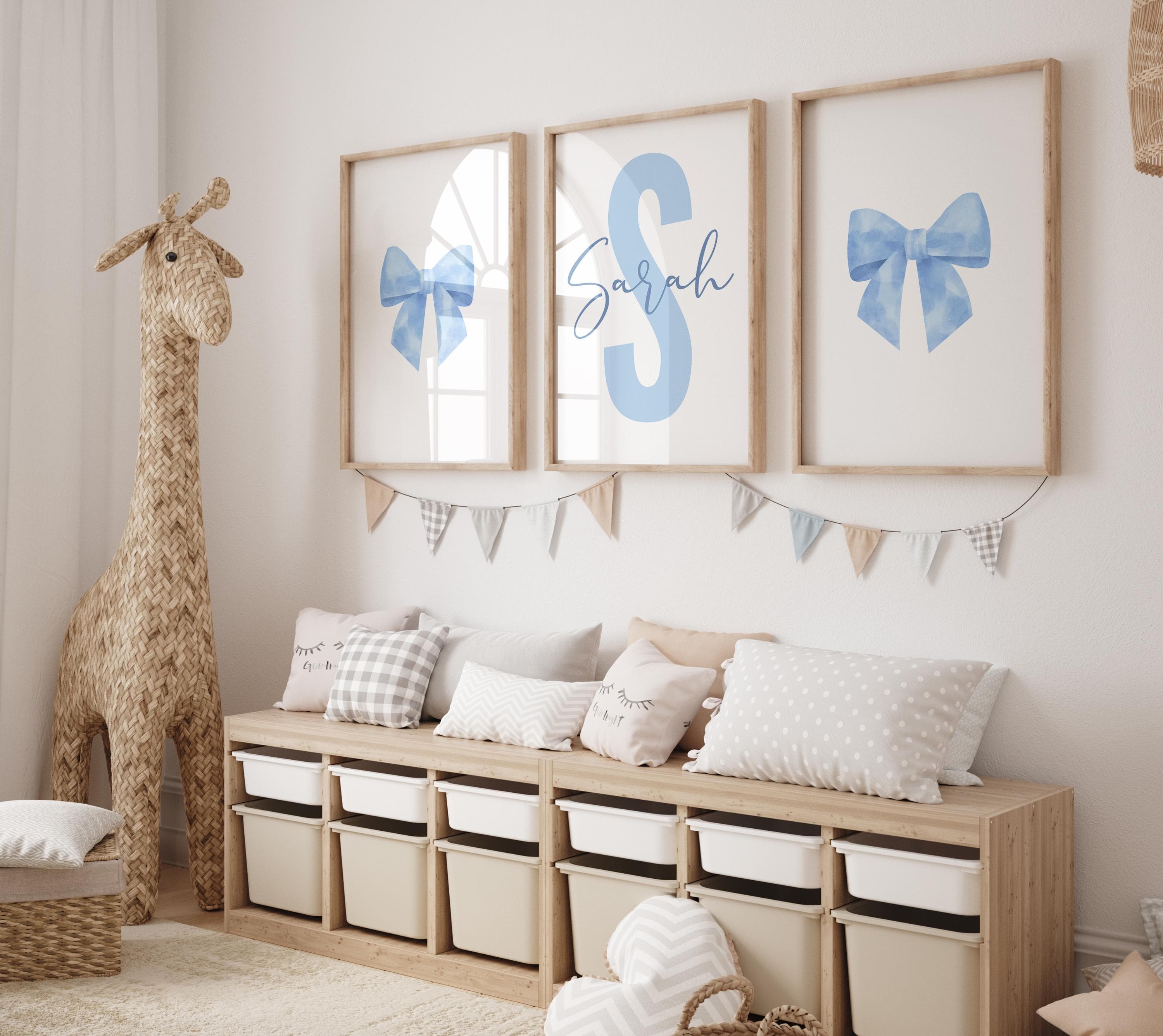 Watercolor Blue Bow Themed Wall Art for Kids – 3-Piece Personalized Nursery Decor | Custom Digital Download for Baby Boy or Girl Rooms