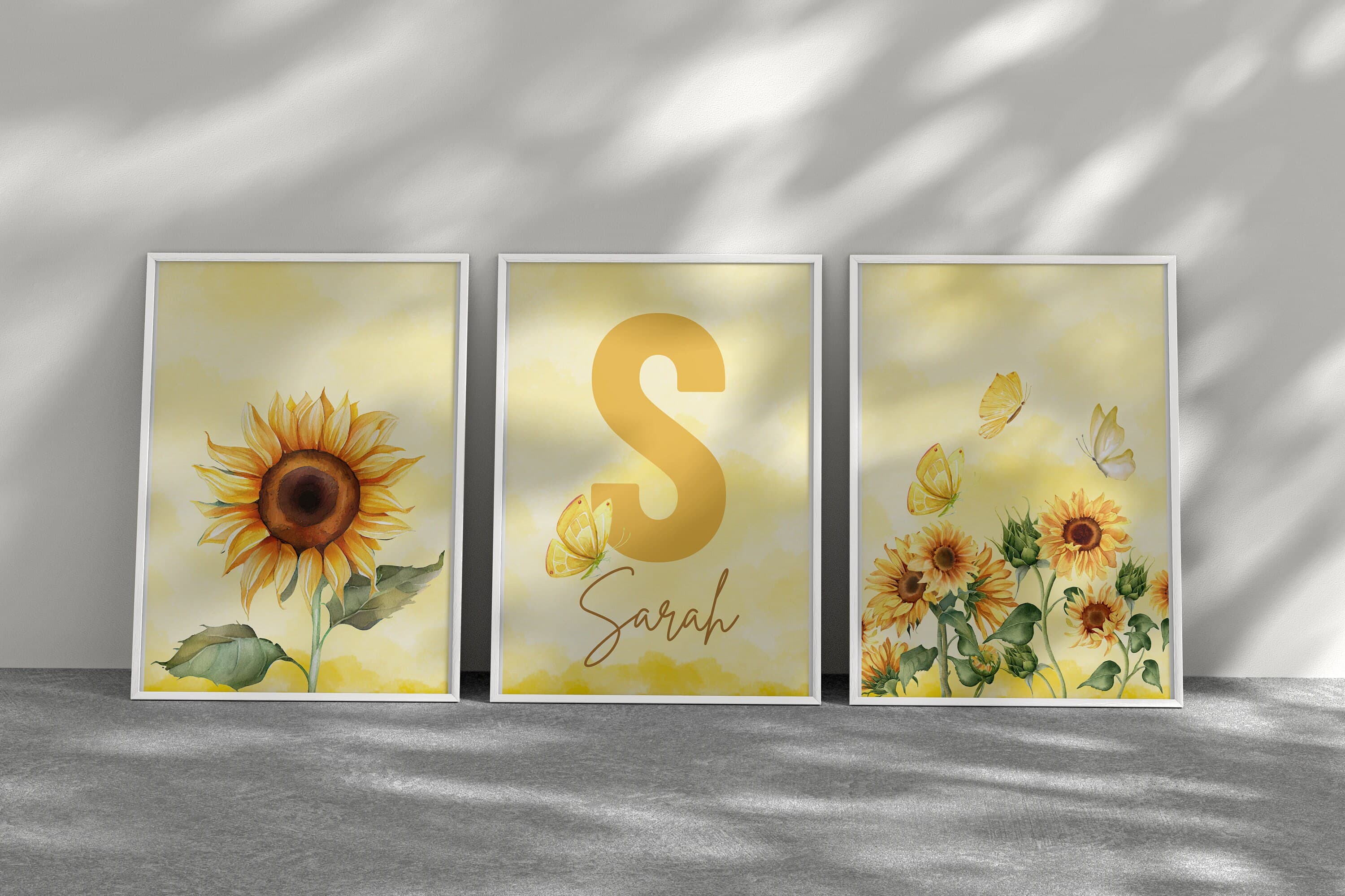 Personalized Sunflower Nursery Digital , Children's Room Decor Set - Watercolor Yellow Background and Sunflower Theme - Custom Name Design - image 3